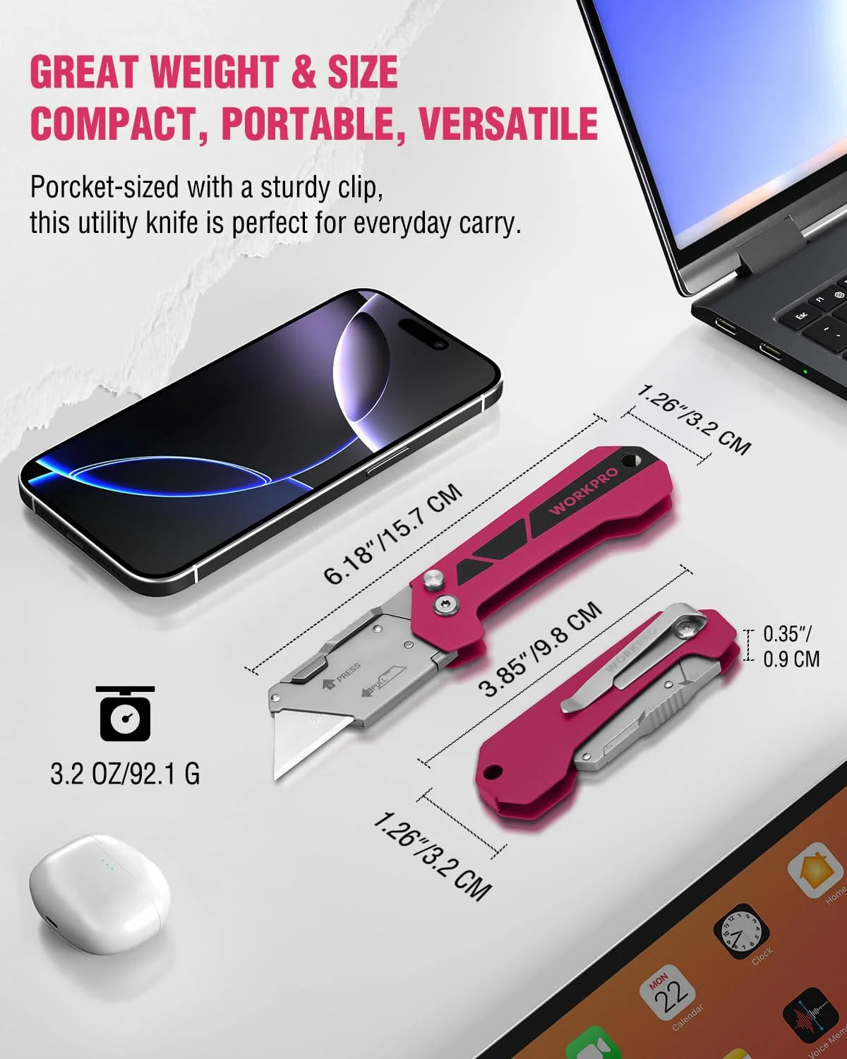 WORKPRO Box Cutter, Utility Knife Quick Change Blade Razor Knife, Folding Pocket Knife with Belt Clip and Axis Lock, 10 Extra Blades Included, Pink - Image 3