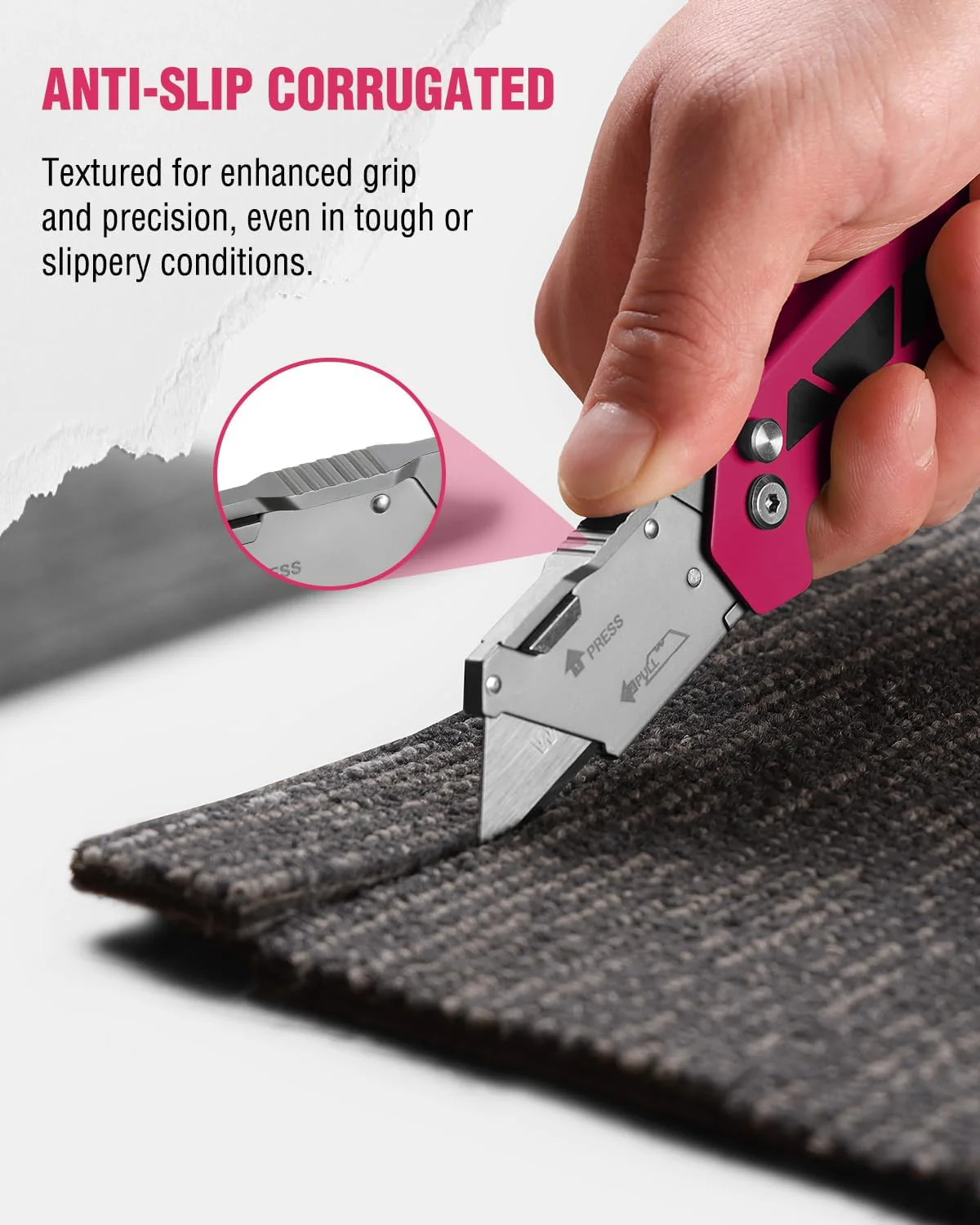 WORKPRO Box Cutter, Utility Knife Quick Change Blade Razor Knife, Folding Pocket Knife with Belt Clip and Axis Lock, 10 Extra Blades Included, Pink - Image 4