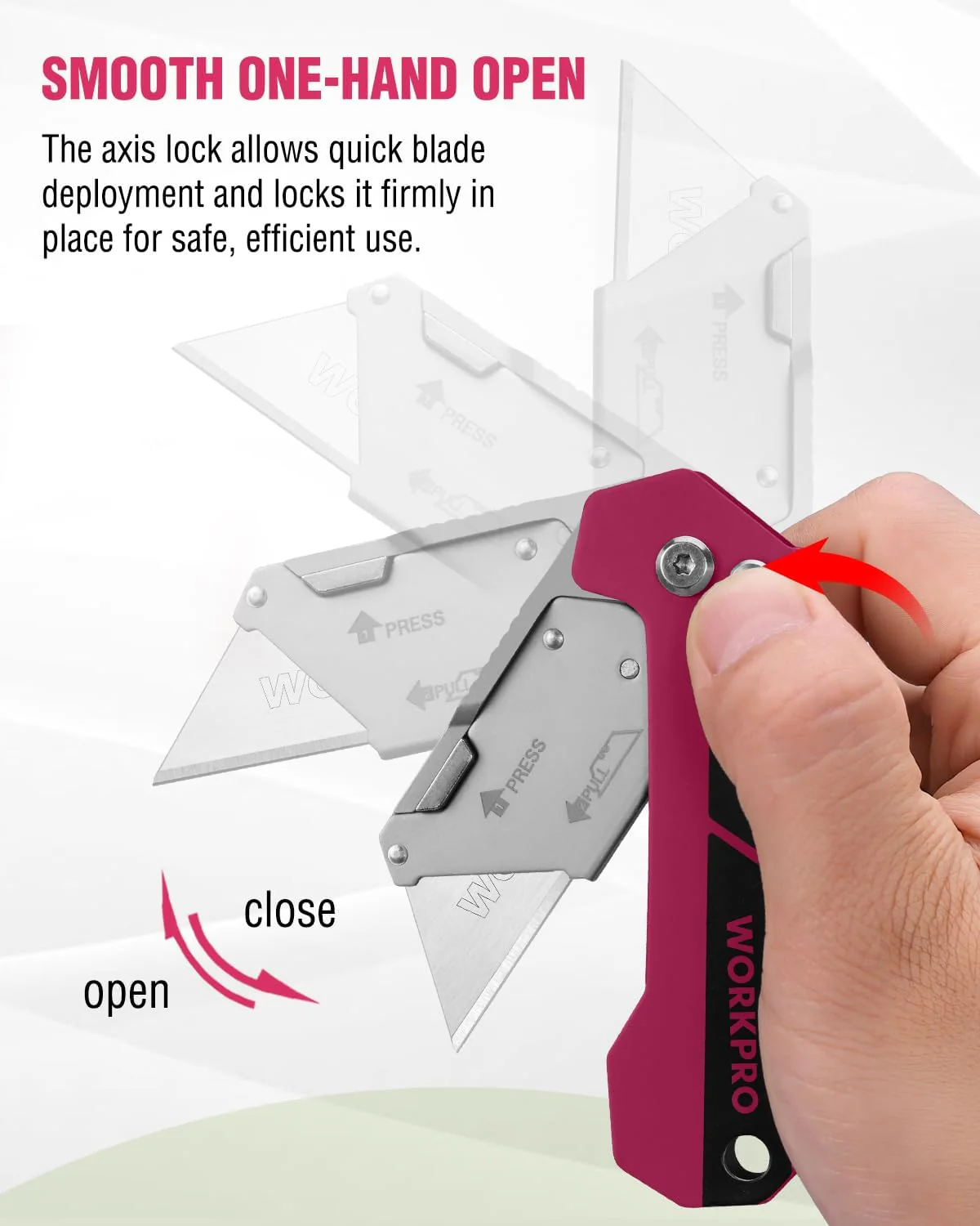 WORKPRO Box Cutter, Utility Knife Quick Change Blade Razor Knife, Folding Pocket Knife with Belt Clip and Axis Lock, 10 Extra Blades Included, Pink - Image 5