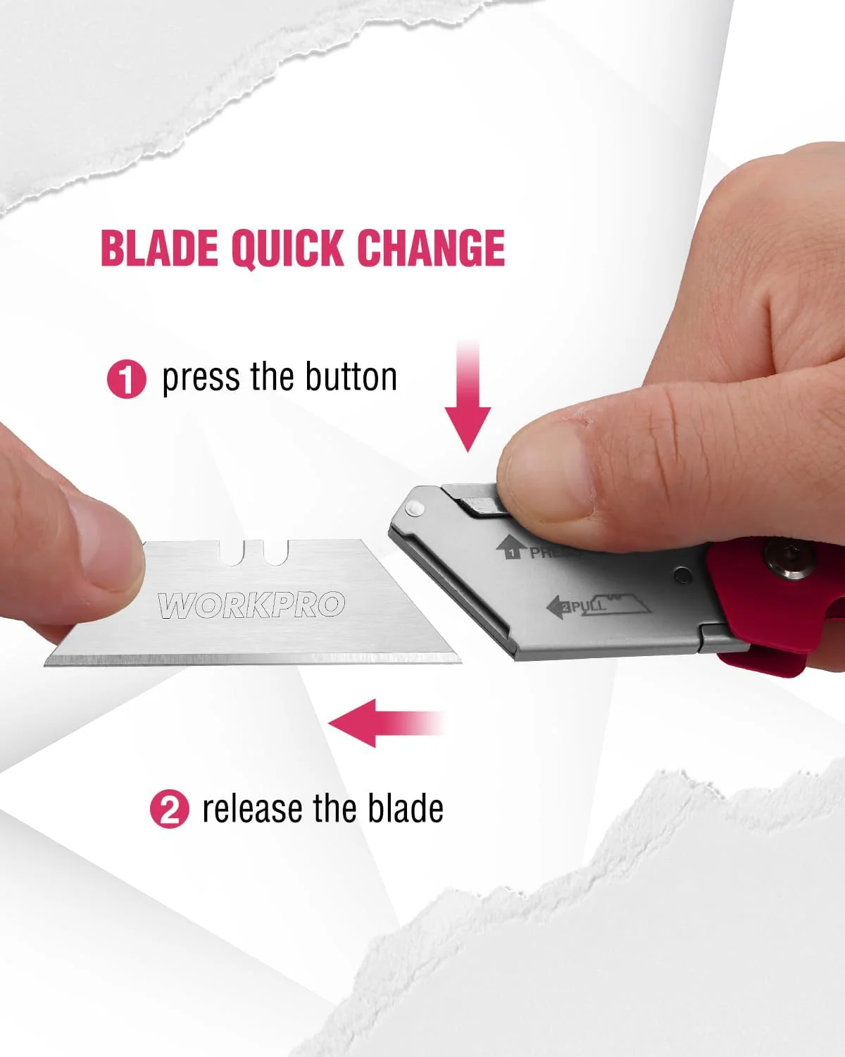 WORKPRO Box Cutter, Utility Knife Quick Change Blade Razor Knife, Folding Pocket Knife with Belt Clip and Axis Lock, 10 Extra Blades Included, Pink - Image 6