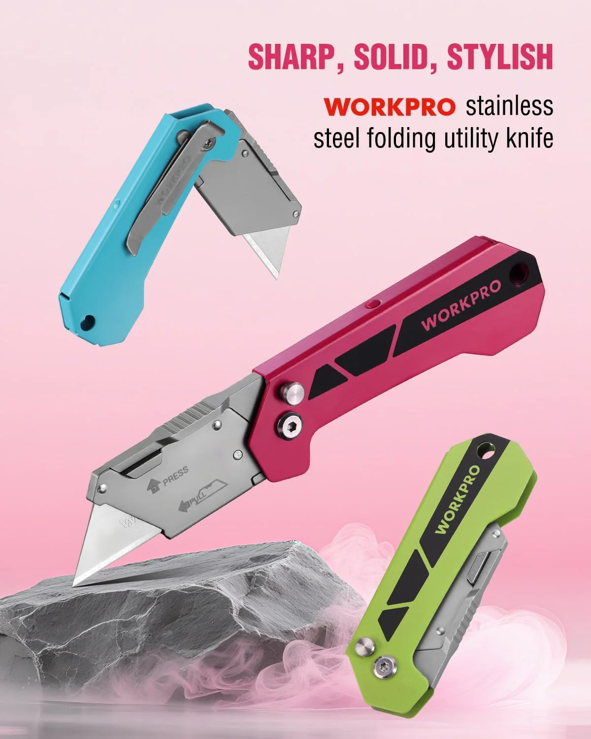 WORKPRO Box Cutter, Utility Knife Quick Change Blade Razor Knife, Folding Pocket Knife with Belt Clip and Axis Lock, 10 Extra Blades Included, Pink - Image 7