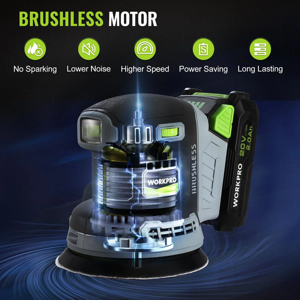WORKPRO Brushless and Cordless 20V 5in Electric Orbit Sander - Image 2
