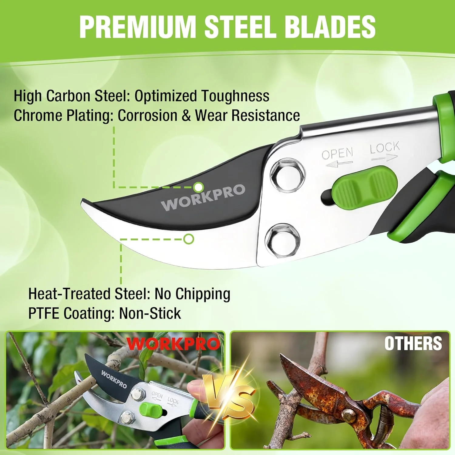 WORKPRO Bypass Pruning Shears, 8.5" Hand Pruner with Non-Slip Grip Handle, Garden Clippers with High Carbon Steel for Branches, Flowers, Fruits, Plants, Bonsai, Gardening Gifts for Women Men - Image 2