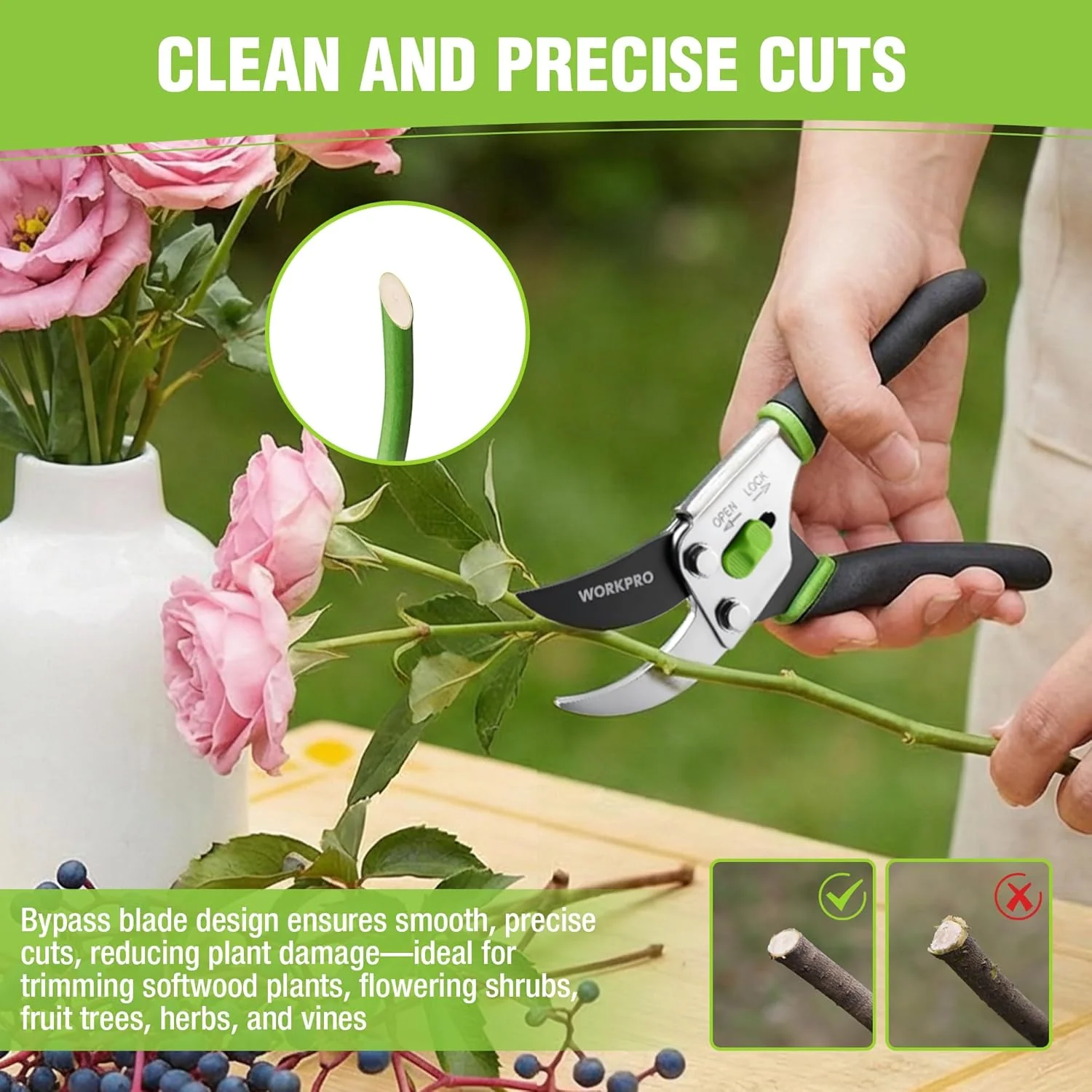 WORKPRO Bypass Pruning Shears, 8.5" Hand Pruner with Non-Slip Grip Handle, Garden Clippers with High Carbon Steel for Branches, Flowers, Fruits, Plants, Bonsai, Gardening Gifts for Women Men - Image 3