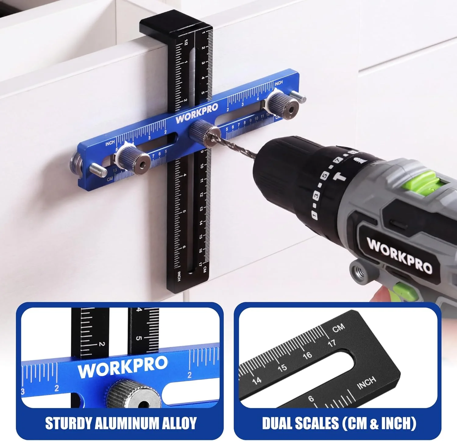 WORKPRO Cabinet Hardware Jig, Aluminum Alloy Cabinet Handle Jig with 4mm Drill Guide, Adjustable Cabinet Handle Template for Handles/Pull/Knobs on Drawers & Cabinets - Image 3