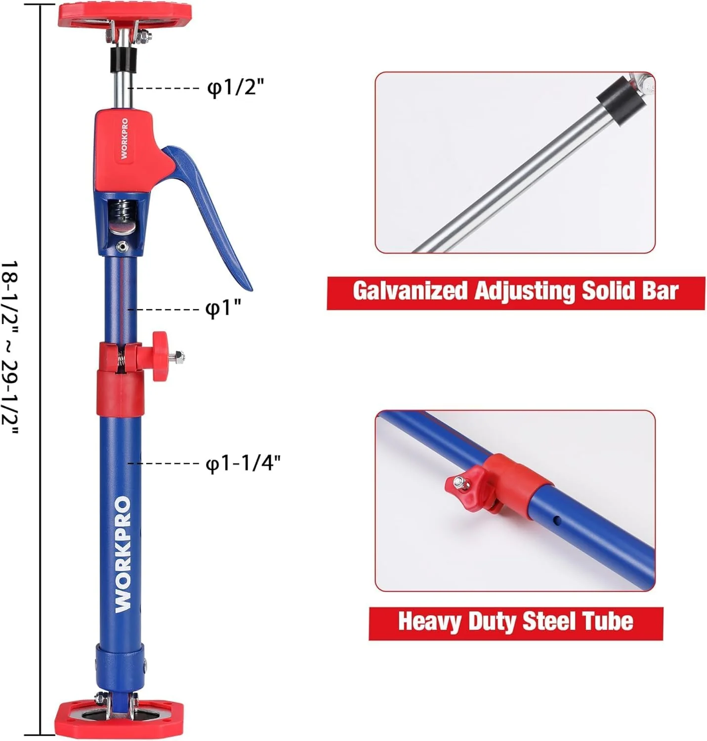WORKPRO Cabinet Jack Support Pole, 18.5" to 29.5" Steel Telescopic Quick Support Rod Adjustable 3rd Hand Support System with 154 lbs Capacity for Cabinet Jack, Drywall Jack& Cargo Bars, 4-Pack - Image 2