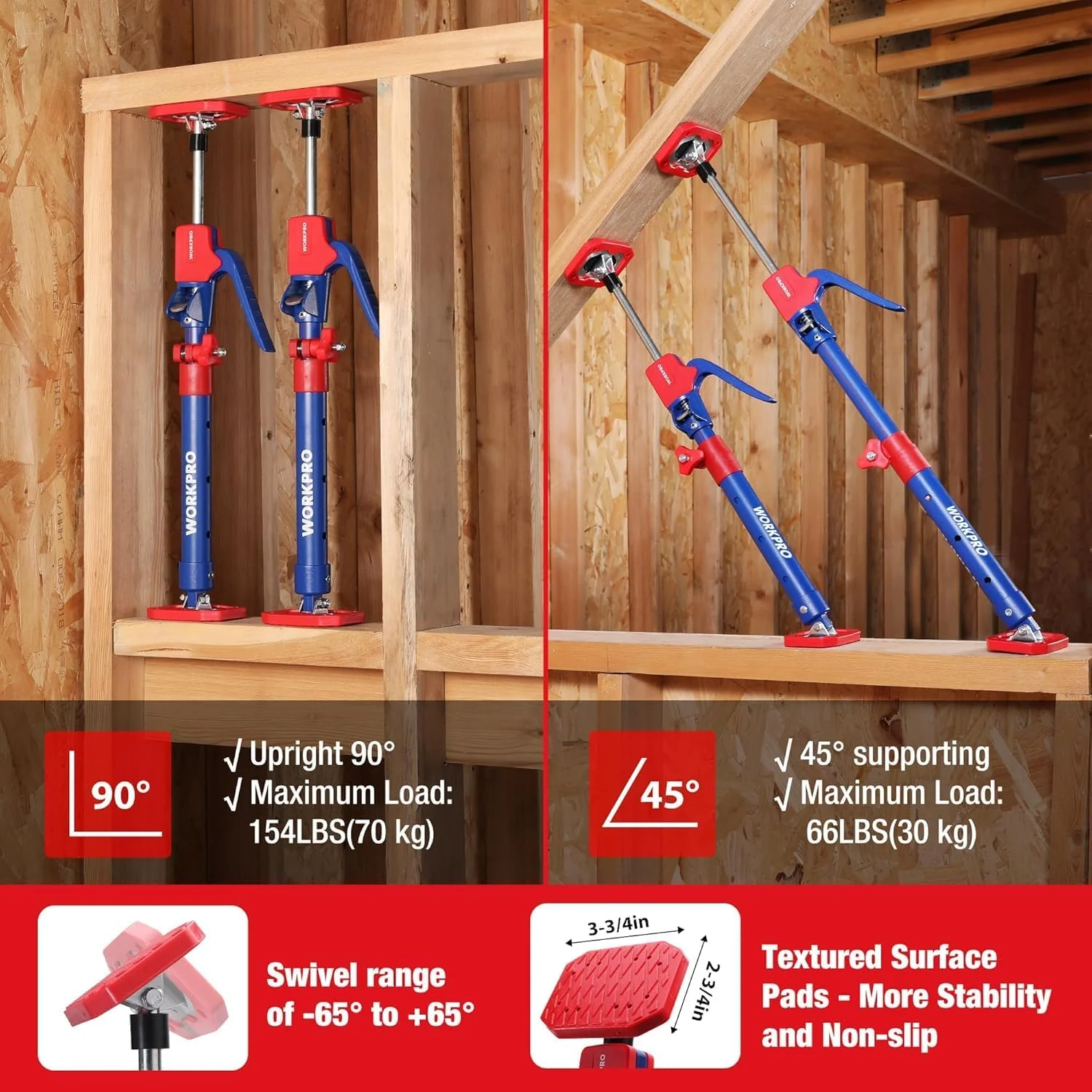 WORKPRO Cabinet Jack Support Pole, 18.5" to 29.5" Steel Telescopic Quick Support Rod Adjustable 3rd Hand Support System with 154 lbs Capacity for Cabinet Jack, Drywall Jack& Cargo Bars, 4-Pack - Image 4
