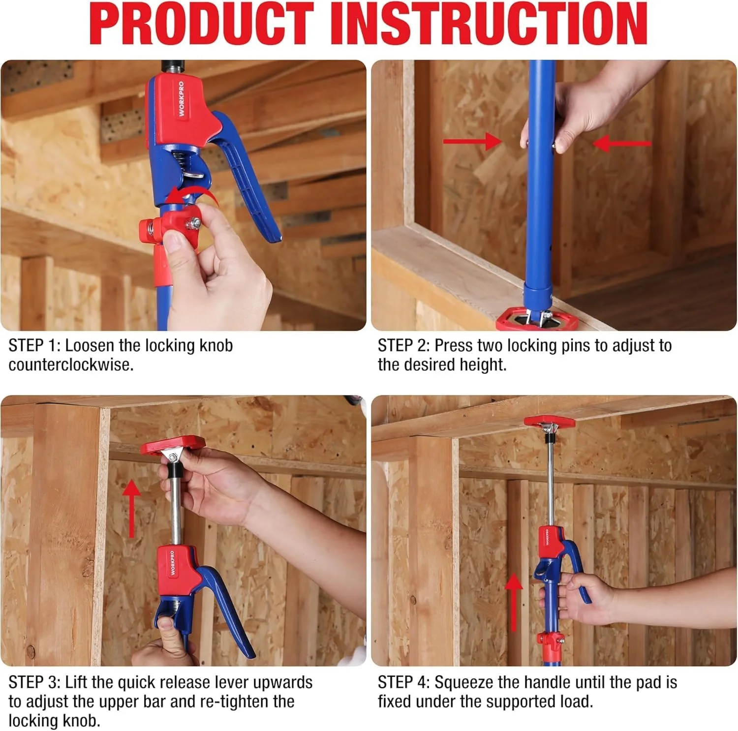 WORKPRO Cabinet Jack Support Pole, 18.5" to 29.5" Steel Telescopic Quick Support Rod Adjustable 3rd Hand Support System with 154 lbs Capacity for Cabinet Jack, Drywall Jack& Cargo Bars, 4-Pack - Image 5