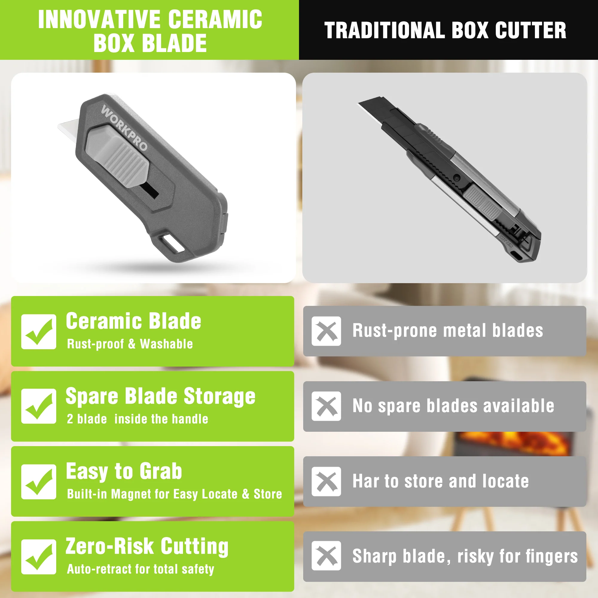 WORKPRO Ceramic Blade Magnetic Safety Cutter Includes 2 Blades, Gray - Image 3
