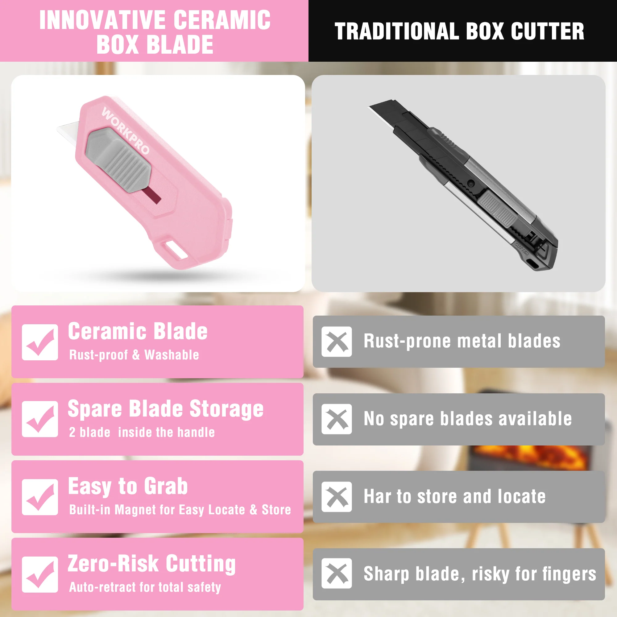 WORKPRO Ceramic Blade Magnetic Safety Cutter Includes 2 Blades, Pink - Image 3