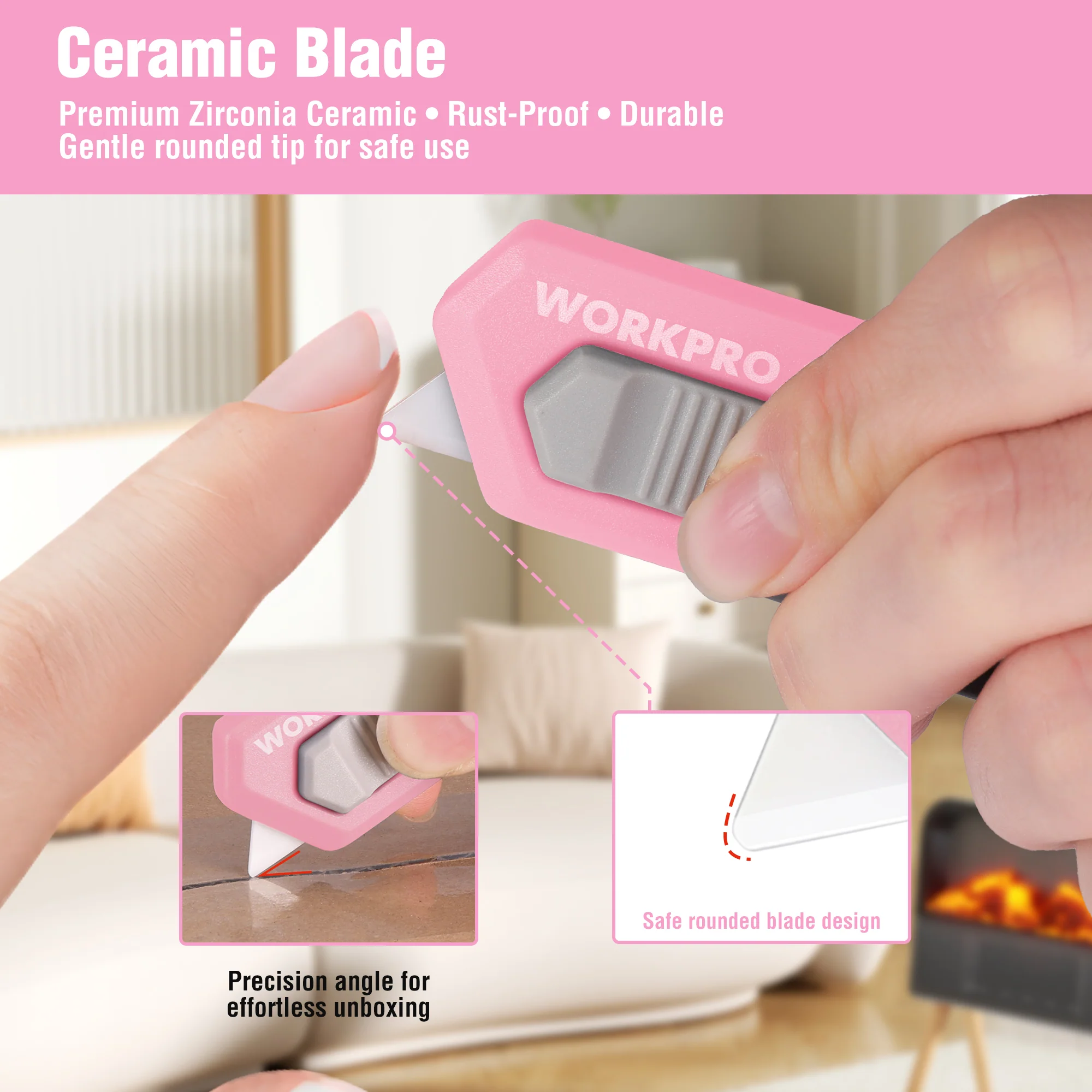 WORKPRO Ceramic Blade Magnetic Safety Cutter Includes 2 Blades, Pink - Image 4