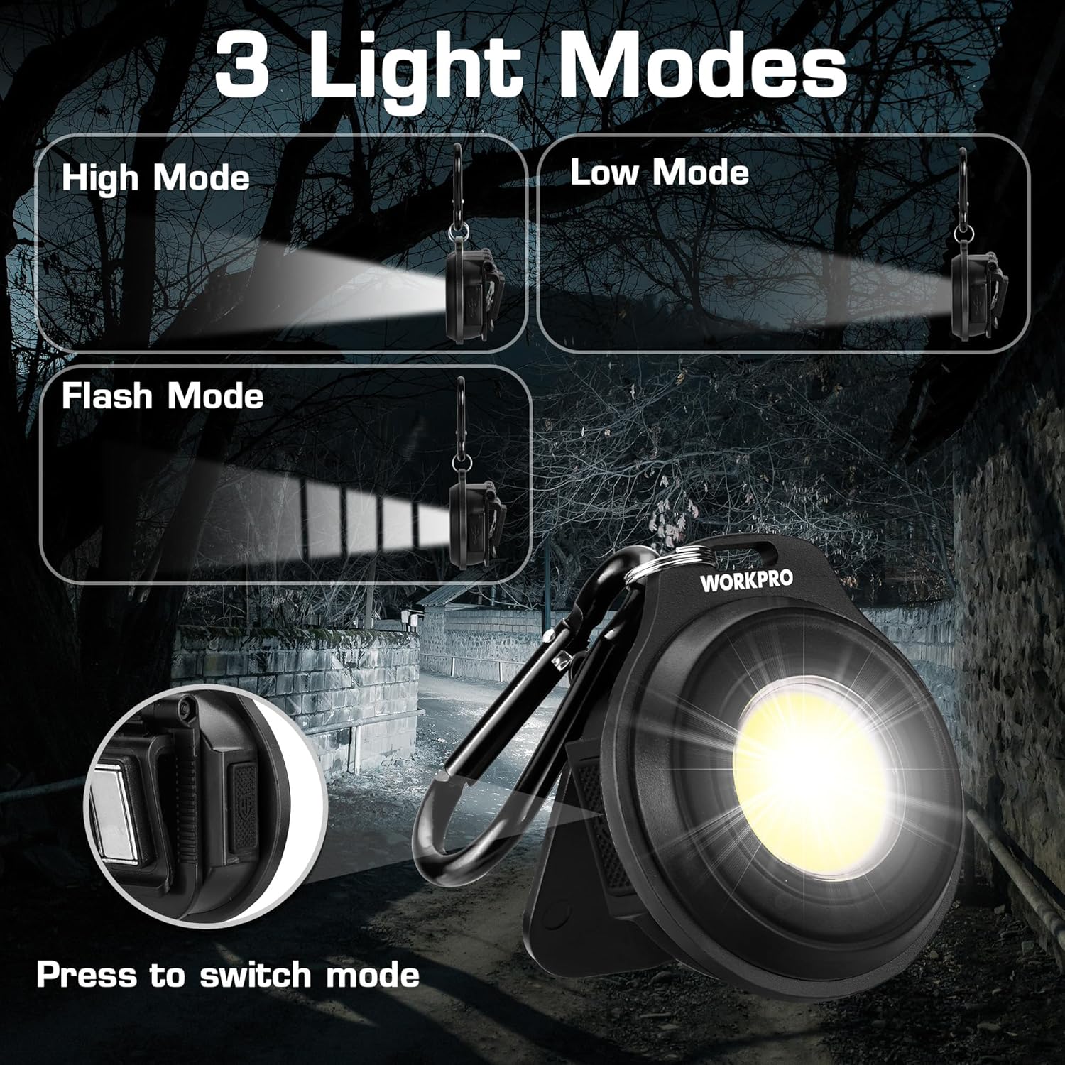 WORKPRO COB Keychain Light, 2Pcs Small Work Keychain Flashlight with Hat Clip, EDC Rechargeable Magnetic 3 Light Modes Carabiner Flashlight for Running, Emergency Hiking and Repairing, Black - Image 2