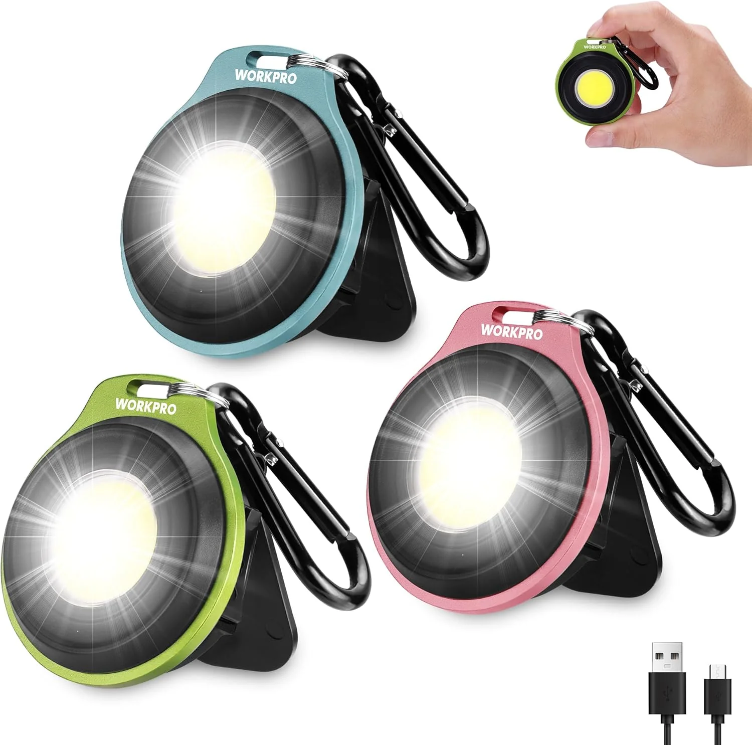 WORKPRO COB Keychain Work Light, 3Pcs EDC Rechargeable Mini Keychain Flashlight, Magnetic Carabiner Flashlight with Hat Clip, 3 Light Modes Emergency Light for Running, Hiking and Fishing, Multicolor