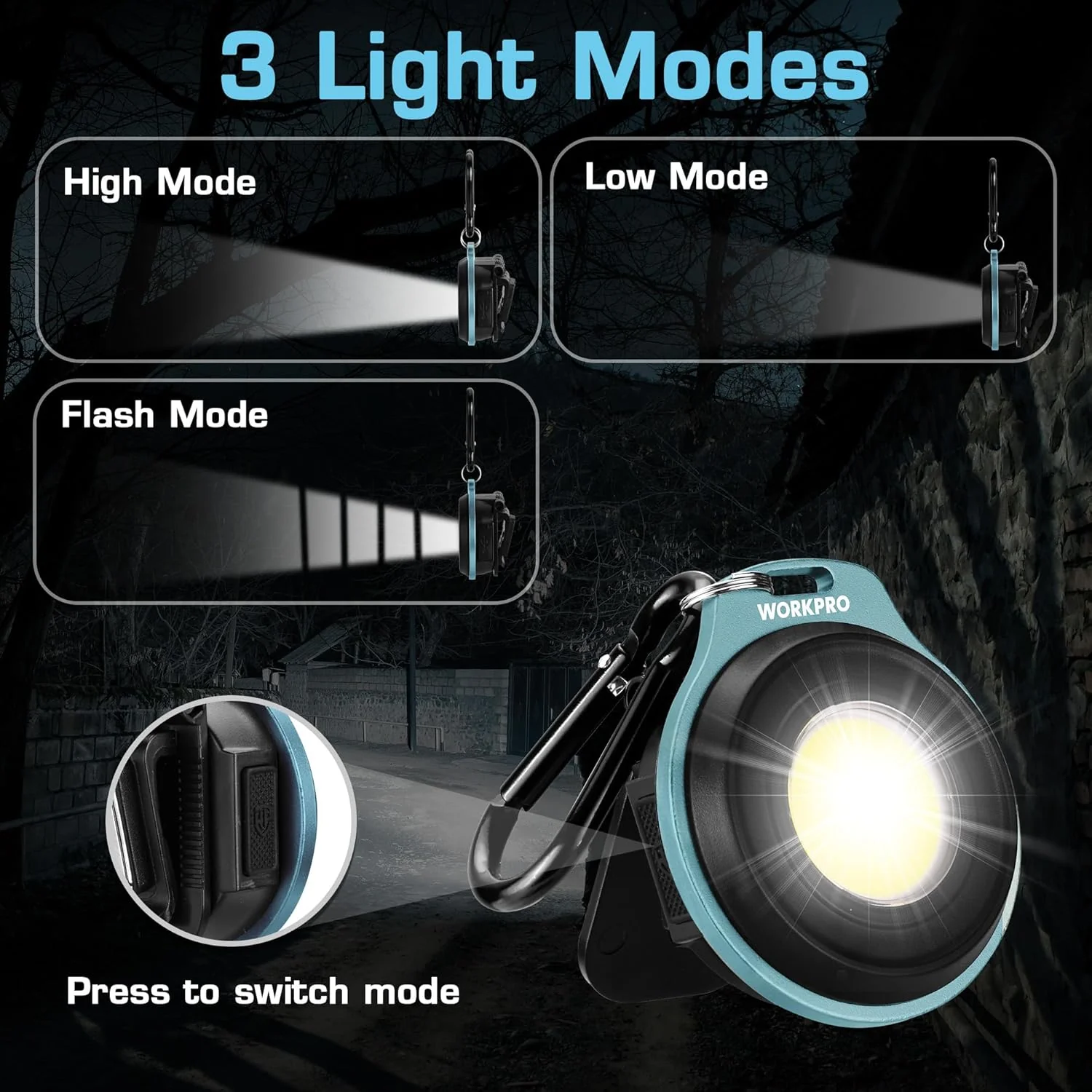 WORKPRO COB Keychain Work Light, 3Pcs EDC Rechargeable Mini Keychain Flashlight, Magnetic Carabiner Flashlight with Hat Clip, 3 Light Modes Emergency Light for Running, Hiking and Fishing, Multicolor - Image 2