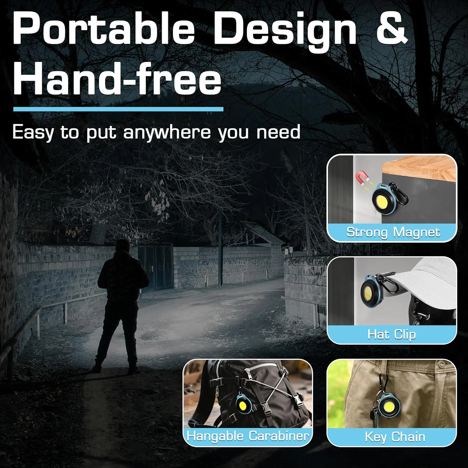 WORKPRO COB Keychain Work Light, 3Pcs EDC Rechargeable Mini Keychain Flashlight, Magnetic Carabiner Flashlight with Hat Clip, 3 Light Modes Emergency Light for Running, Hiking and Fishing, Multicolor - Image 4