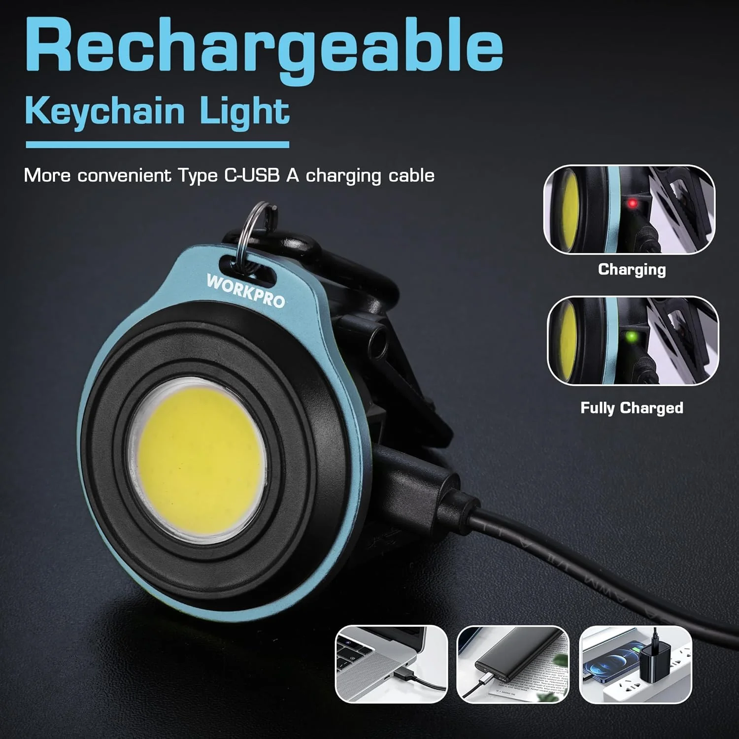 WORKPRO COB Keychain Work Light, Rechargeable Magnetic EDC Keychain Flashlight, Mini Pocket Carabiner Flashlight with Hat Clip, 3 Light Modes Emergency Light for Camping, Hiking and Fishing, Blue - Image 6