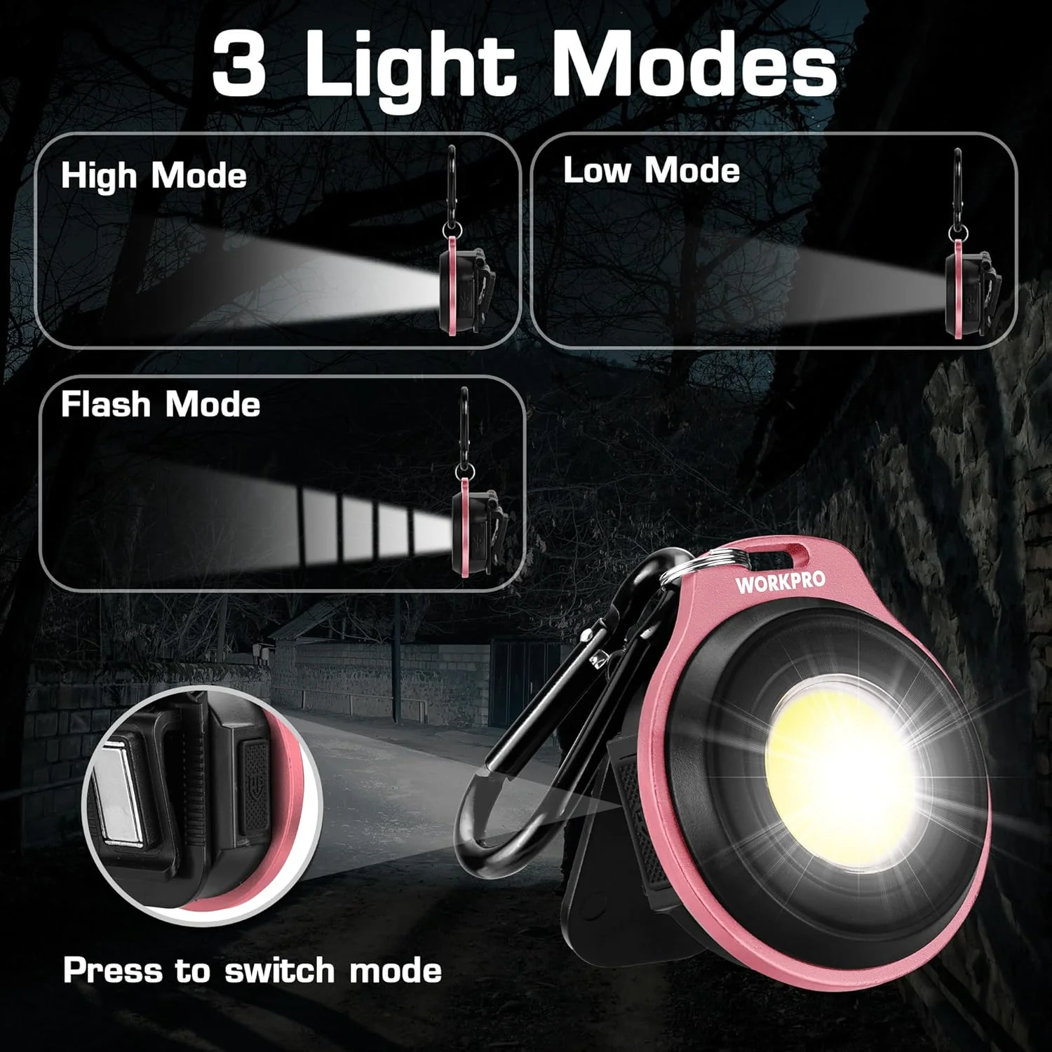 WORKPRO COB Keychain Work Light, Rechargeable Magnetic Keychain Flashlight, Mini Pocket Carabiner Flashlight with Hat Clip, 3 Light Modes Emergency Light for Camping, Hiking and Fishing, Pink Ribbon - Image 2