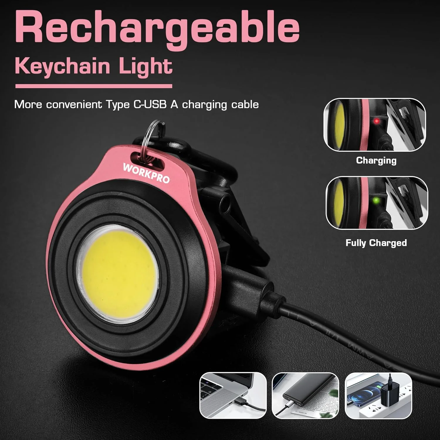 WORKPRO COB Keychain Work Light, Rechargeable Magnetic Keychain Flashlight, Mini Pocket Carabiner Flashlight with Hat Clip, 3 Light Modes Emergency Light for Camping, Hiking and Fishing, Pink Ribbon - Image 6