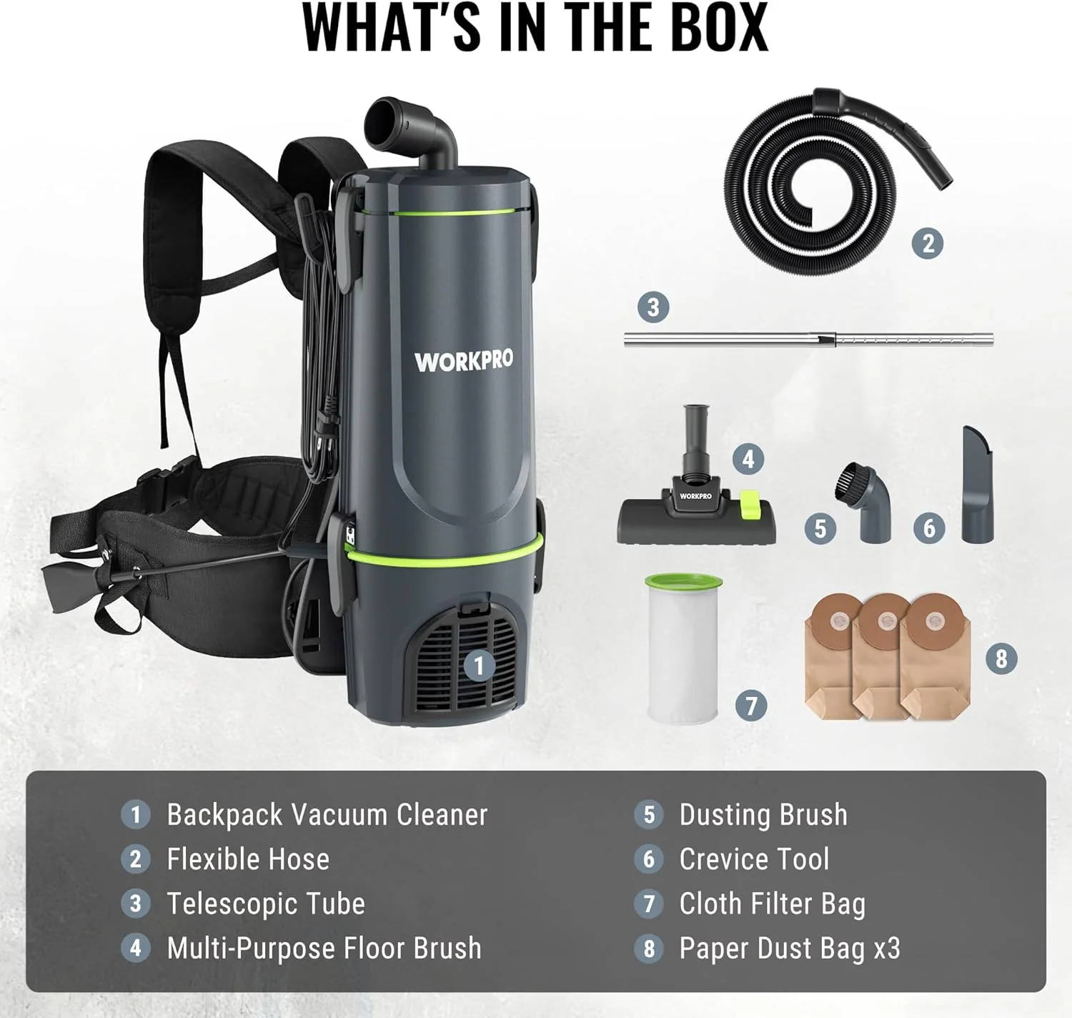 WORKPRO Commercial Backpack Vacuum Cleaner, 6-Quart, 1200W Motor, Lightweight with 23-Foot Long Cord, Portable Vacuum Backpack for Stairs, Carpet and Hard Floors - Image 8
