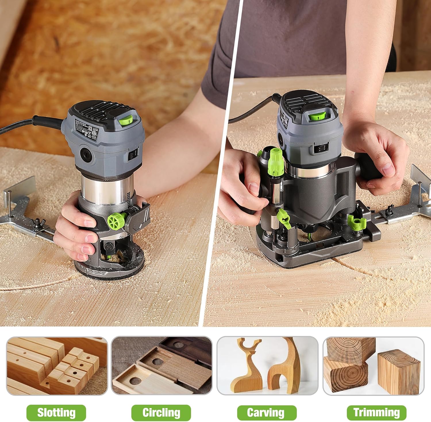 WORKPRO Compact Router Combo Kit, 6.5 Amp Compact Router Fixed Base & Plunge Router for Woodworking Slotting Trimming, 6 Variable Speeds to 32000 RPM - Image 7