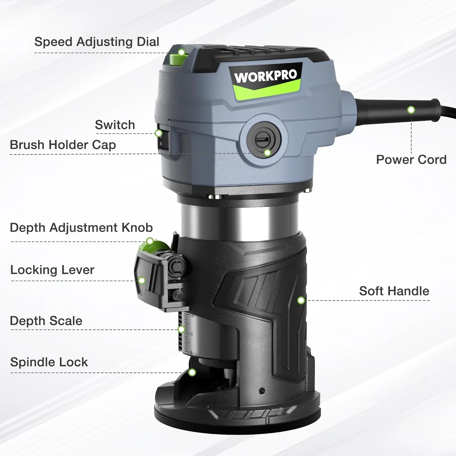 WORKPRO Compact Router Kit, 6.5 Amp Corded Hand Trimmer Router Tool, 6 Variable Speeds Wood Router for Woodworking Slotting Trimming - Image 2