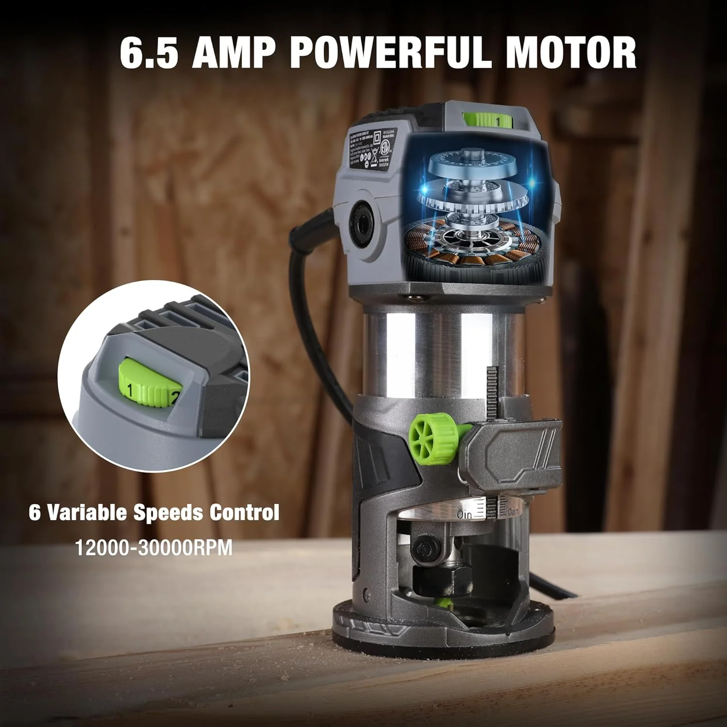 WORKPRO Compact Router Kit, 6.5 Amp Corded Hand Trimmer Router Tool, 6 Variable Speeds Wood Router for Woodworking Slotting Trimming - Image 4