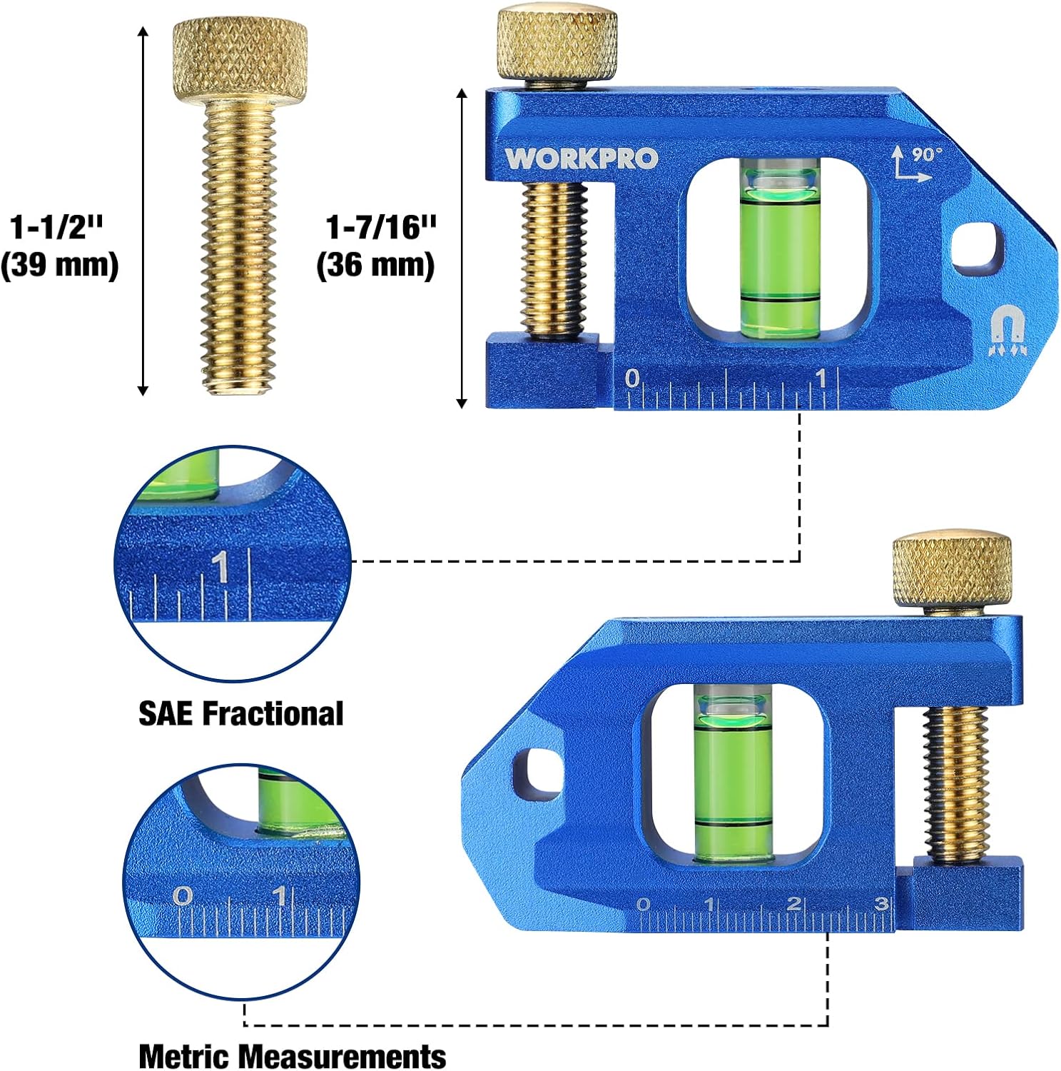 WORKPRO Conduit Bending Level, Small Torpedo Magnetic Level, Bubble Vial for 90° Measurement, Aluminum Alloy Construction, 2.5-inch, Cobalt Blue - Image 2