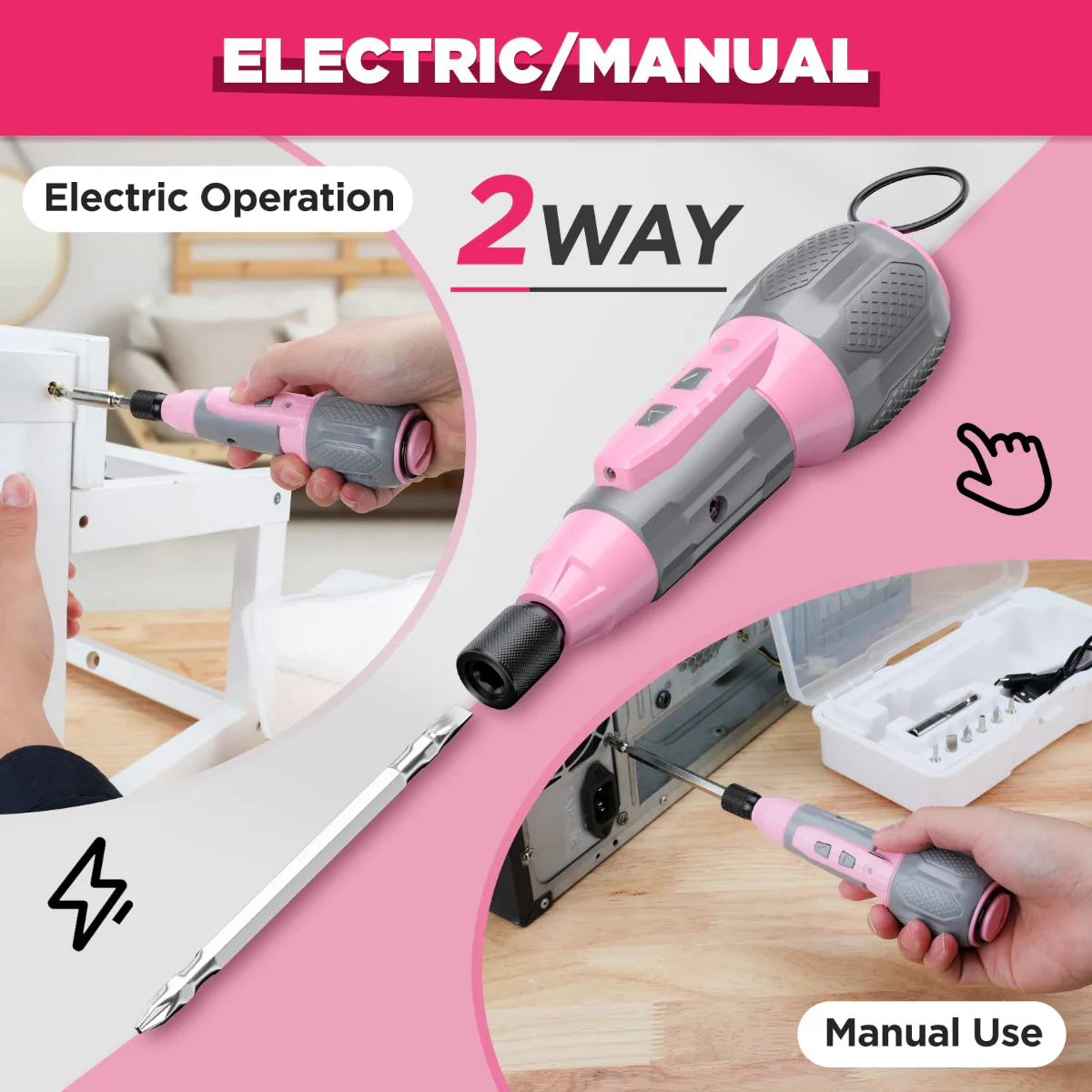 WORKPRO Cordless 4V USB Rechargeable Lithium-ion Battery Screwdriver Kit - Pink Ribbon - Image 10