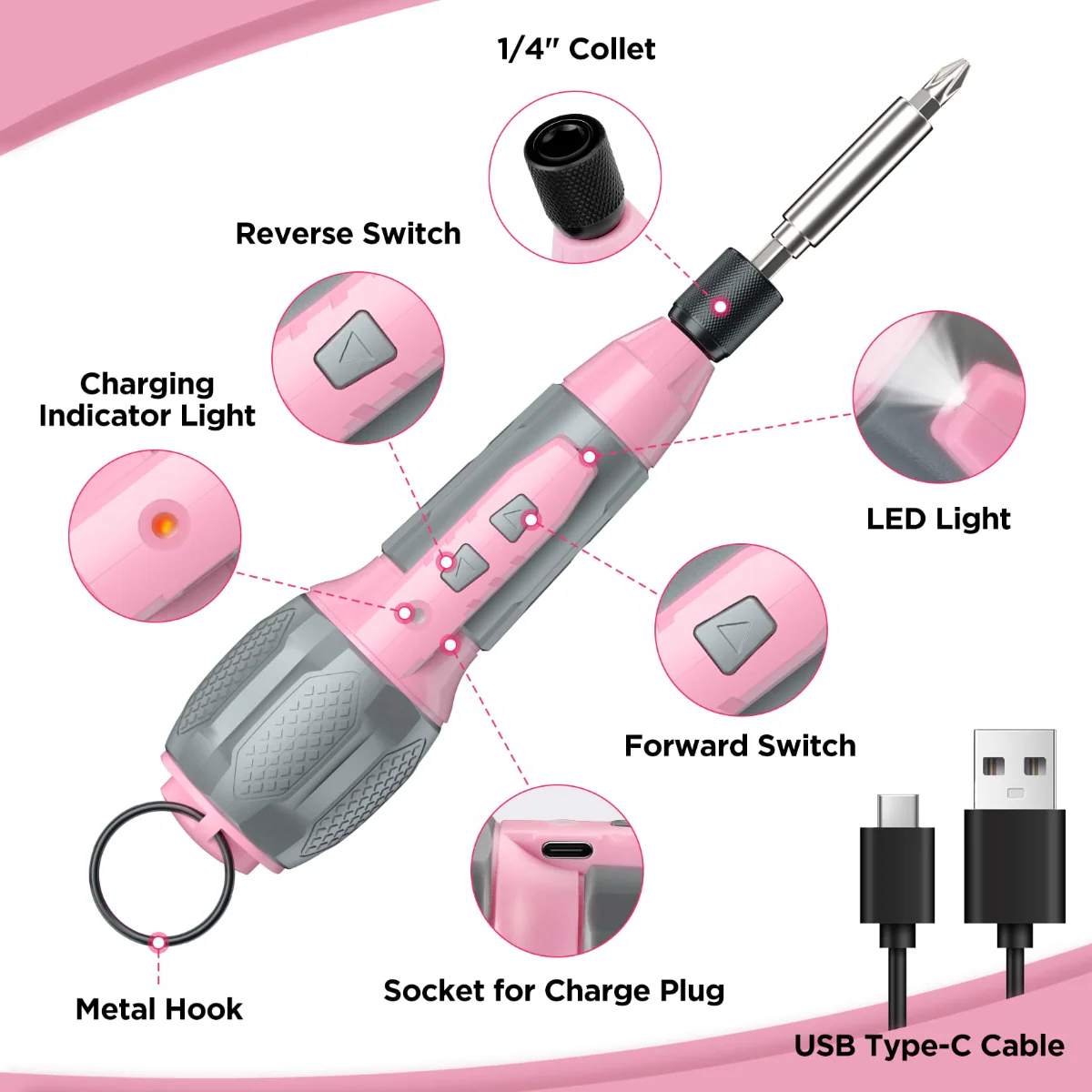 WORKPRO Cordless 4V USB Rechargeable Lithium-ion Battery Screwdriver Kit - Pink Ribbon - Image 13