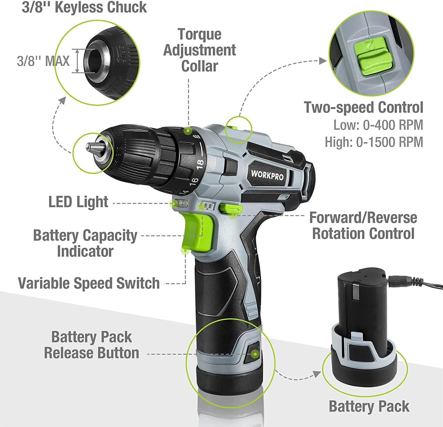 WORKPRO 12V Electric Cordless Drill Driver Kit 3/8" Keyless Chuck, Charger and Storage Bag Included - Image 3