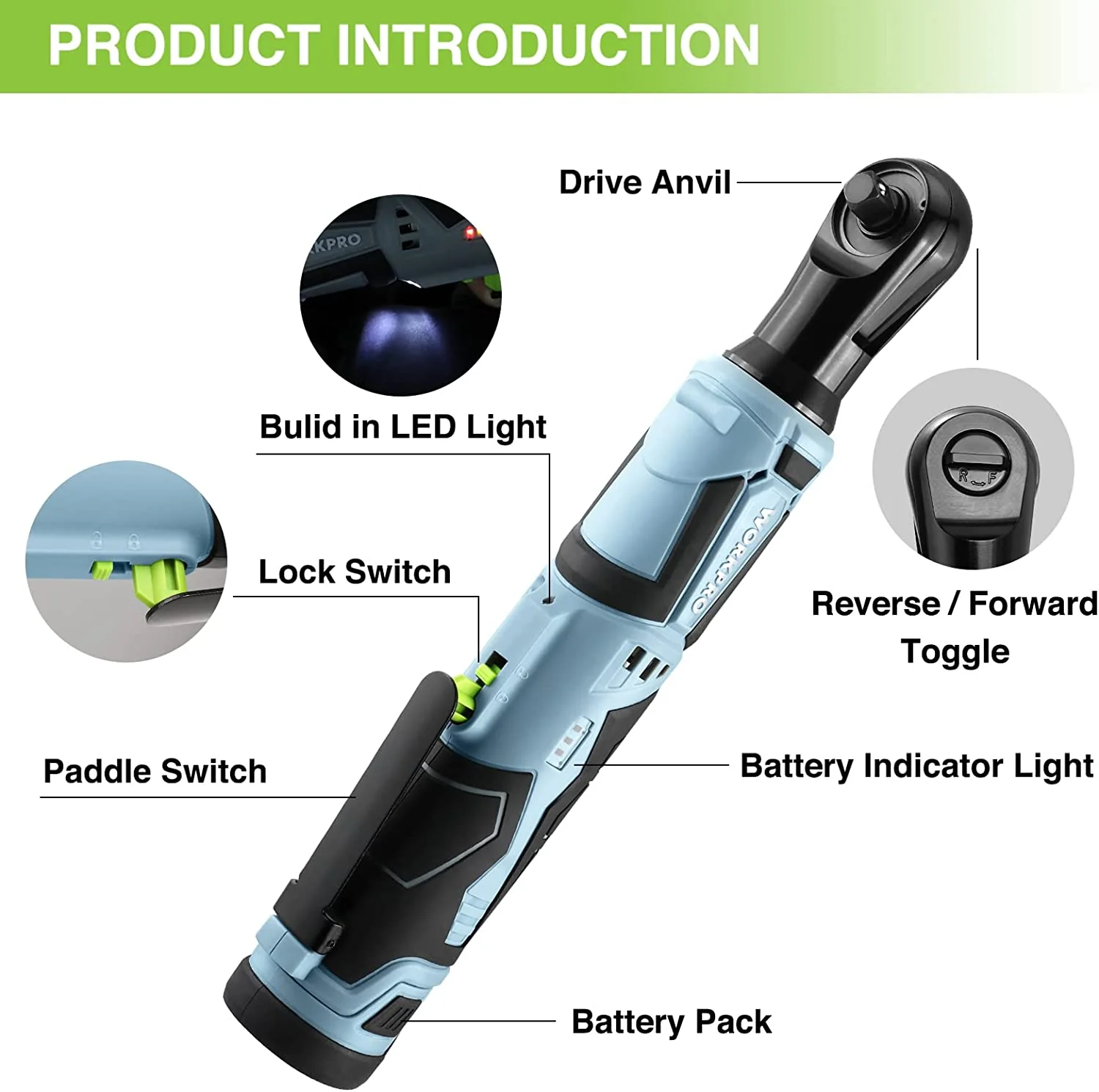 WORKPRO Cordless Electric Ratchet Wrench, 3/8" 12V 40 Ft-lbs Electric Ratchet Wrench 9 Pcs Set - Image 2