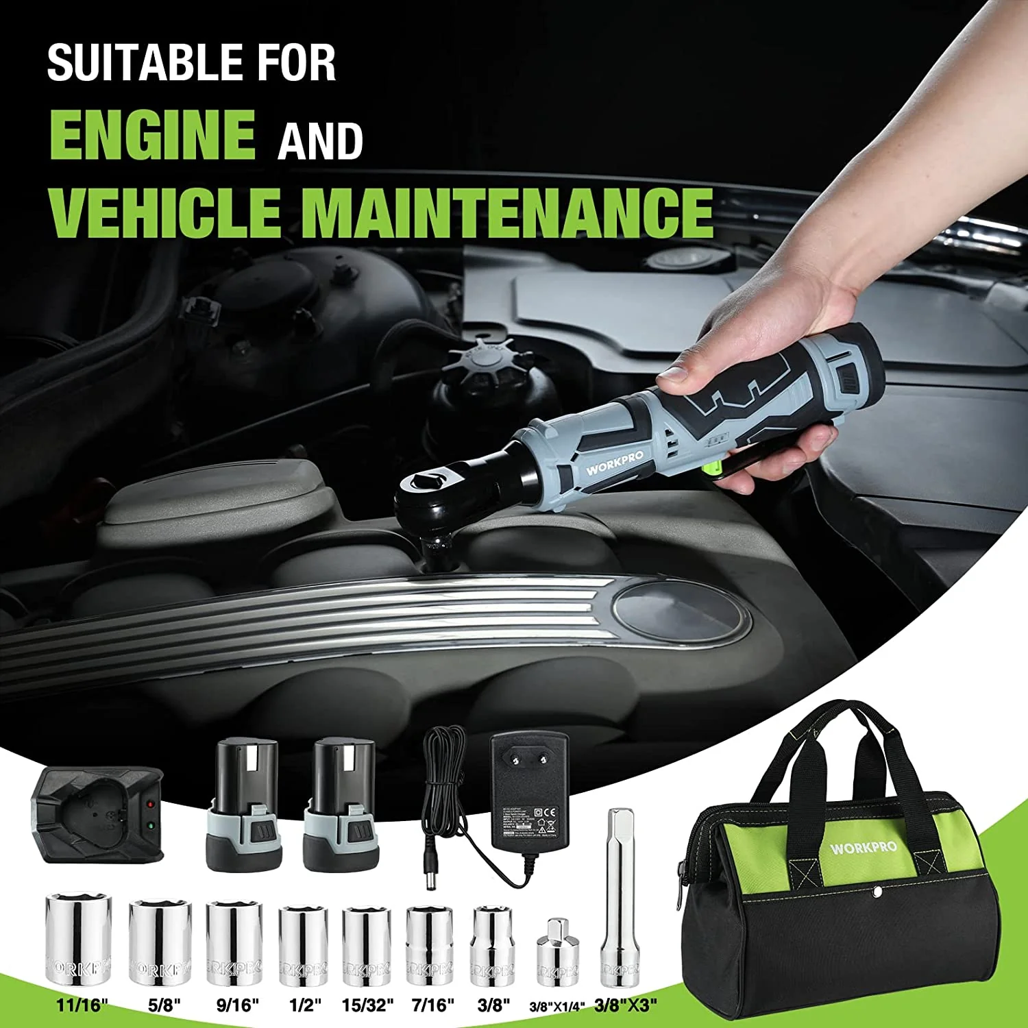 WORKPRO Cordless Electric Ratchet Wrench, 3/8" 12V 40 Ft-lbs Electric Ratchet Wrench 9 Pcs Set - Image 3