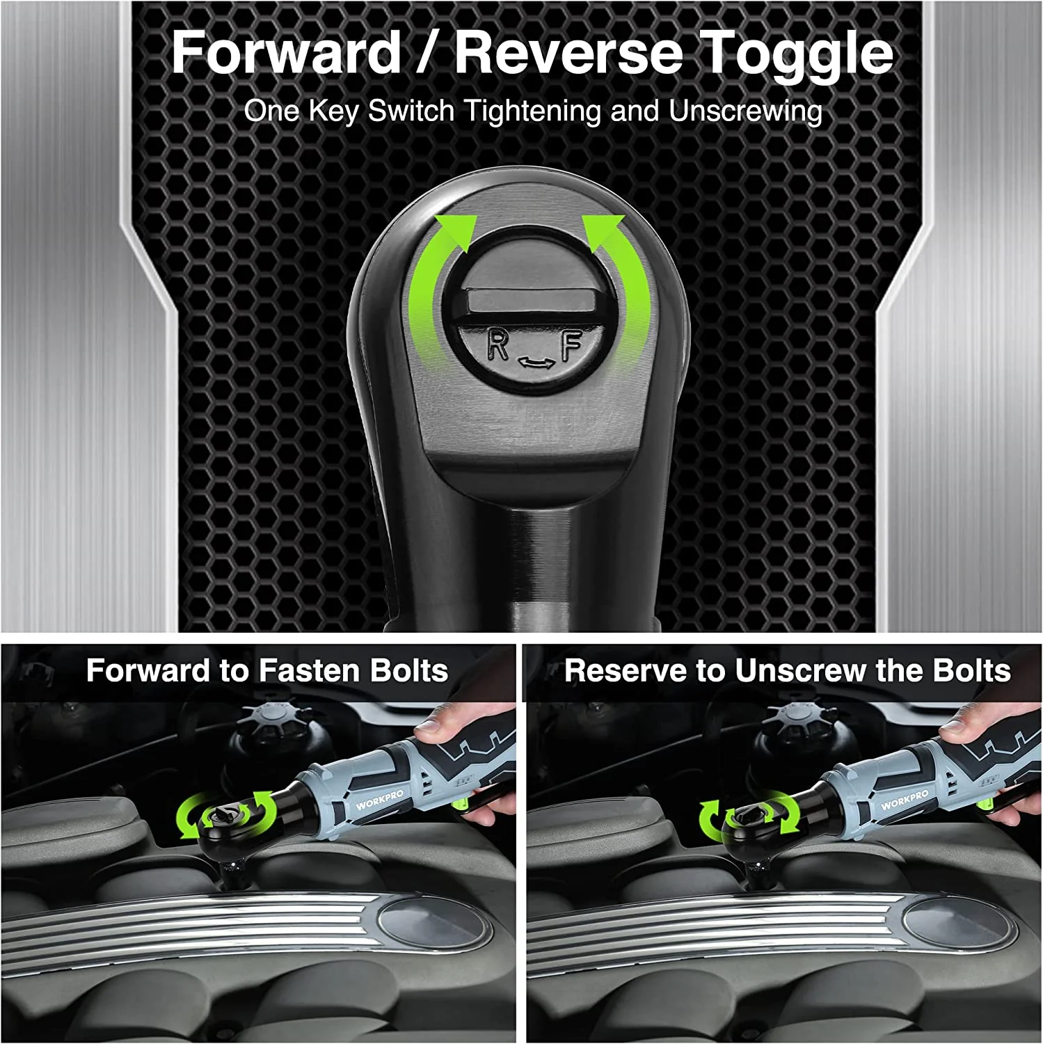 WORKPRO Cordless Electric Ratchet Wrench, 3/8" 12V 40 Ft-lbs Electric Ratchet Wrench 9 Pcs Set - Image 4