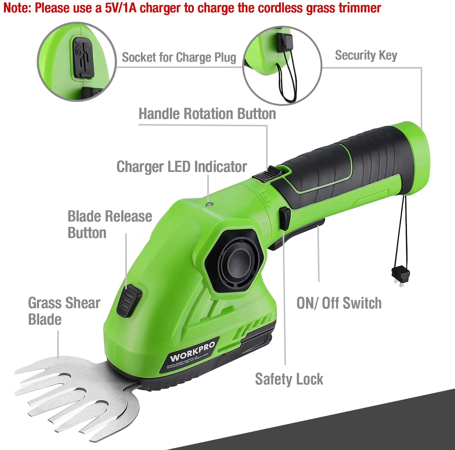 WORKPRO Cordless Grass Shear & Shrubbery Trimmer 2 in 1 Handheld Hedge Trimmer 7.2V Electric Grass Trimmer Hedge Shears, Green - Image 2