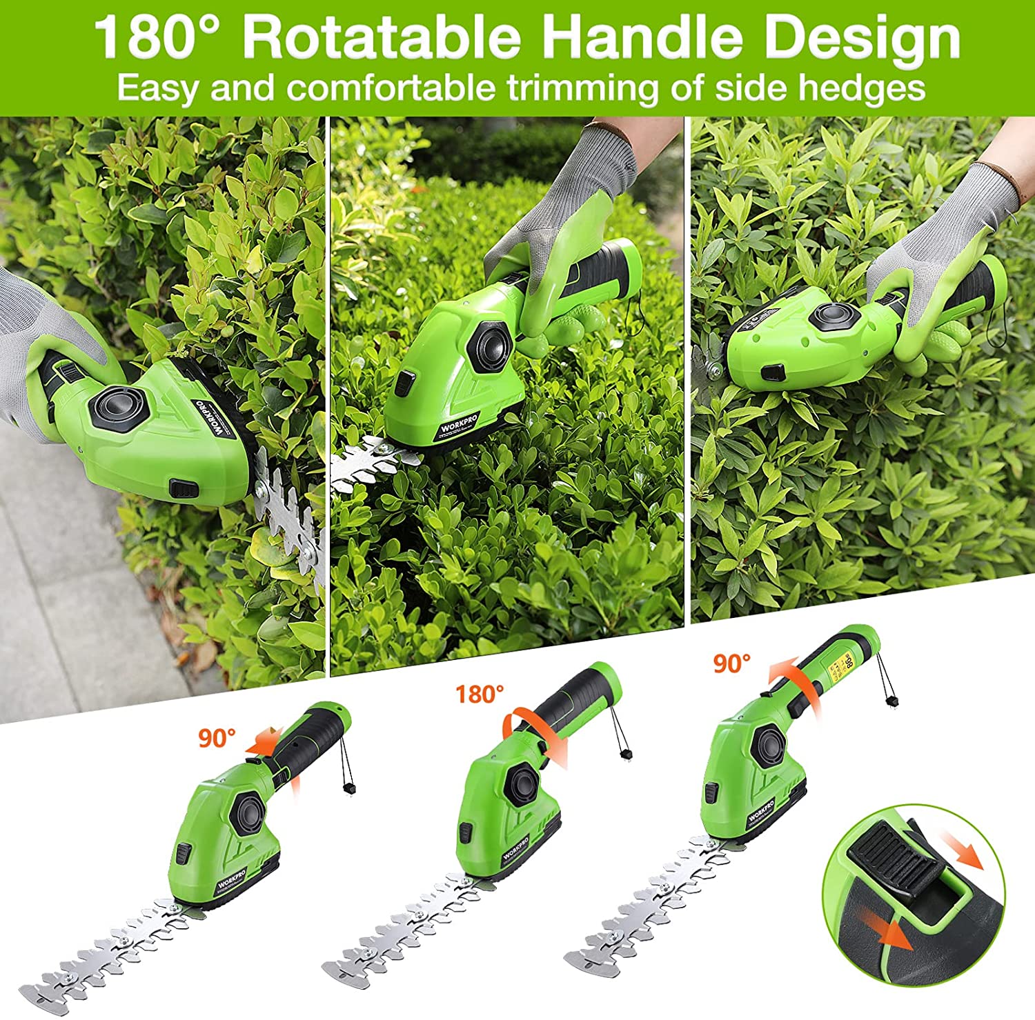 WORKPRO Cordless Grass Shear & Shrubbery Trimmer 2 in 1 Handheld Hedge Trimmer 7.2V Electric Grass Trimmer Hedge Shears, Green - Image 3