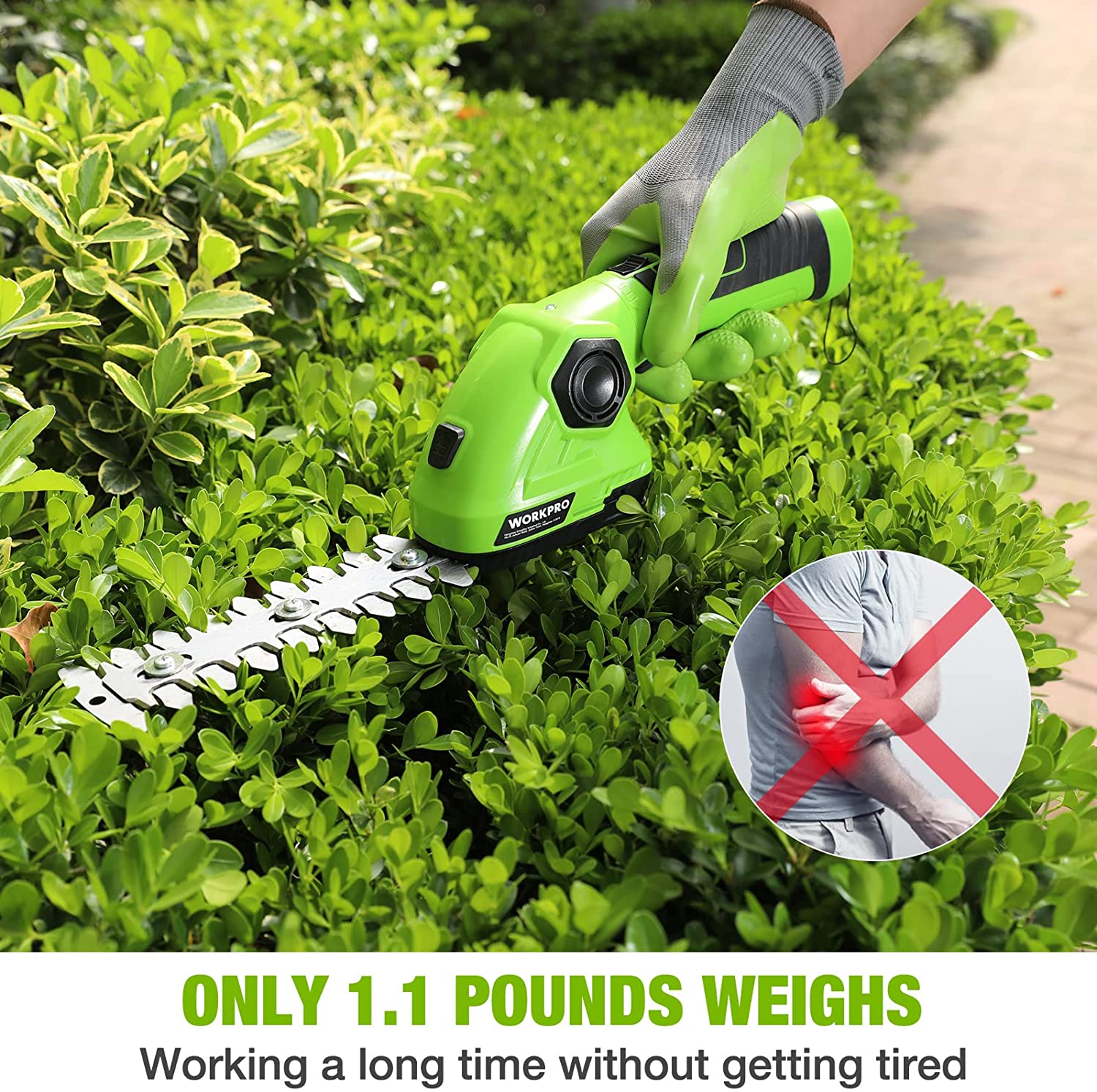 WORKPRO Cordless Grass Shear & Shrubbery Trimmer 2 in 1 Handheld Hedge Trimmer 7.2V Electric Grass Trimmer Hedge Shears, Green - Image 4