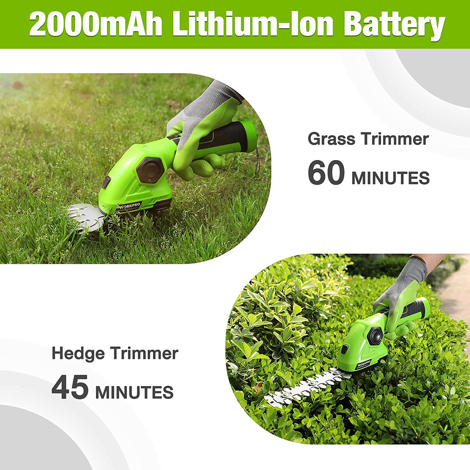 WORKPRO Cordless Grass Shear & Shrubbery Trimmer 2 in 1 Handheld Hedge Trimmer 7.2V Electric Grass Trimmer Hedge Shears, Green - Image 5