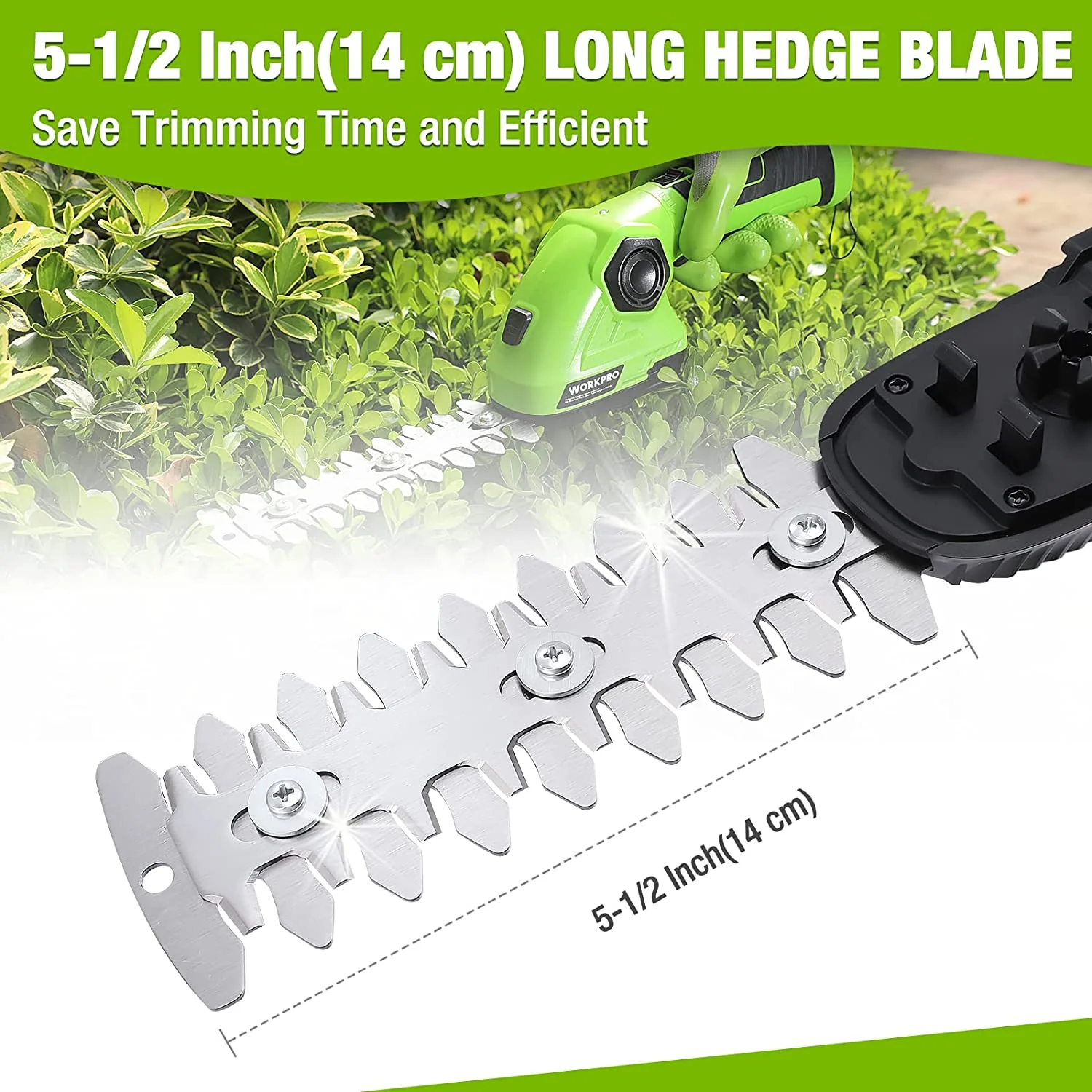 WORKPRO Cordless Grass Shear & Shrubbery Trimmer 2 in 1 Handheld Hedge Trimmer 7.2V Electric Grass Trimmer Hedge Shears, Green - Image 6