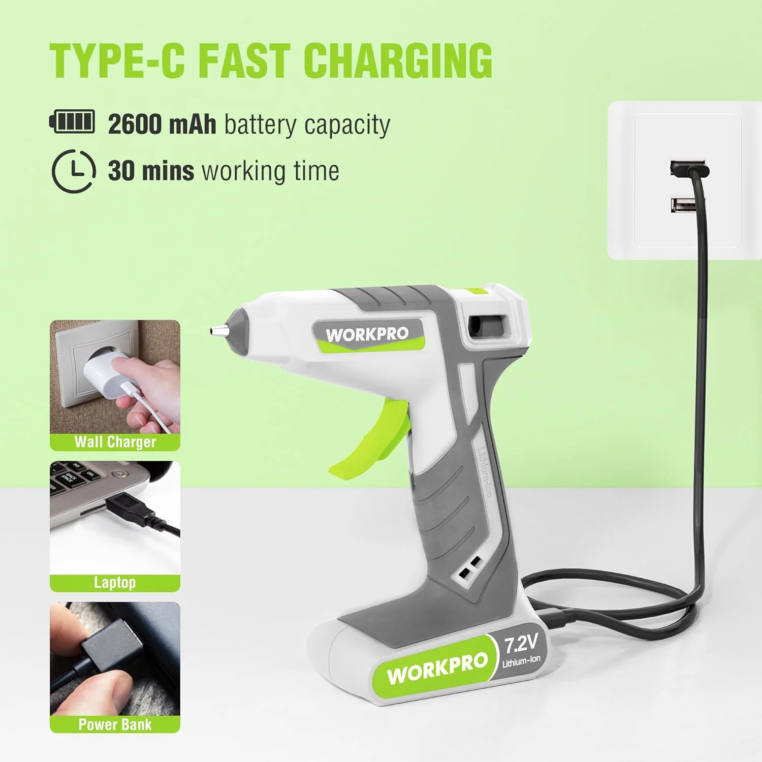 WORKPRO Cordless Hot Glue Gun, 30s Fast Preheating, 7.2V Dual-Temp Glue Gun Kit with 50pcs Glue Gun Sticks, Storage Bag, USB-C Charging Cord, 2600mAh Battery for DIY and Crafting, White - Image 4