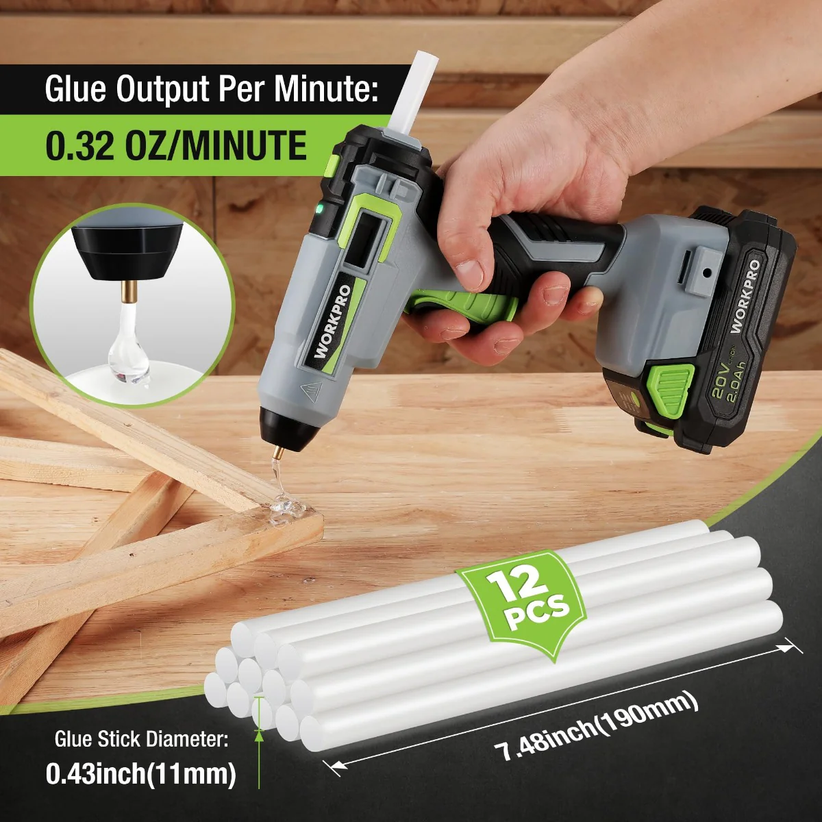 WORKPRO Cordless Hot Glue Gun Kit with 12 Pcs Glue Sticks, 20V 2.0 Ah Li-ion Battery - Image 4