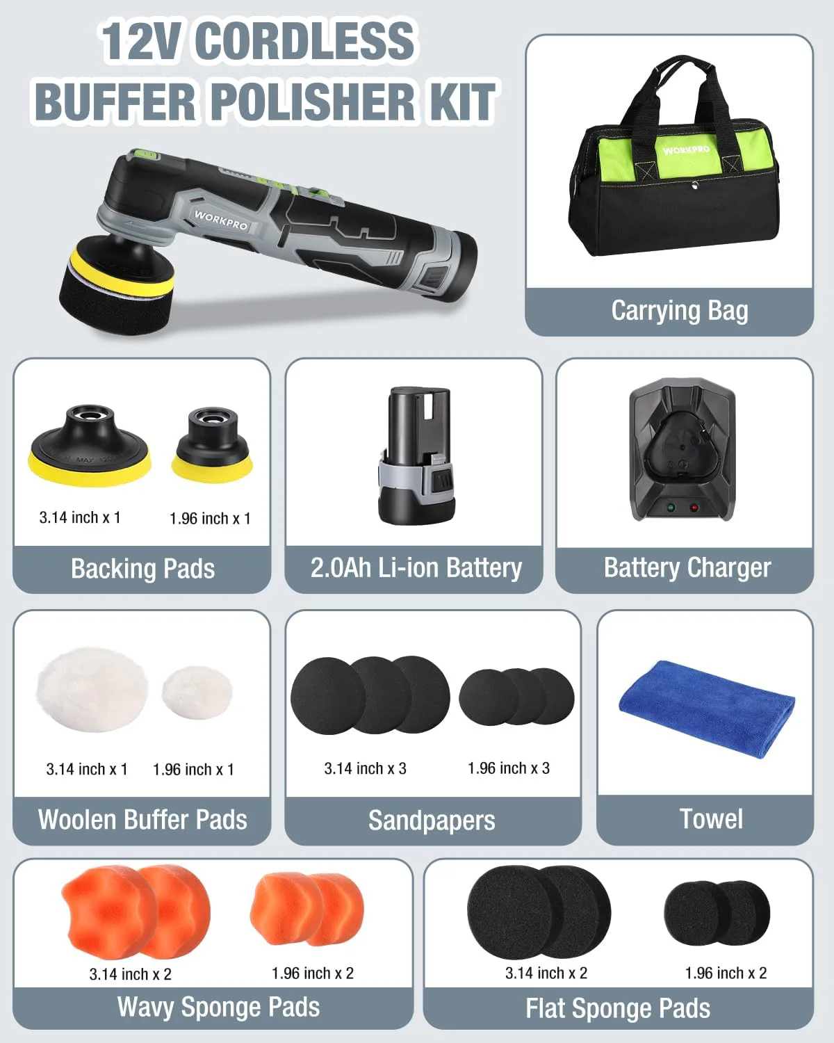 WORKPRO Cordless Mini Buffer Polisher, 12V Buffer Polisher for Car Detailing, 5 Variable Speed Up to 3000RPM, Compact Cordless Polisher Kit for Waxing, DIY Projects, Furniture Polishing - Image 3