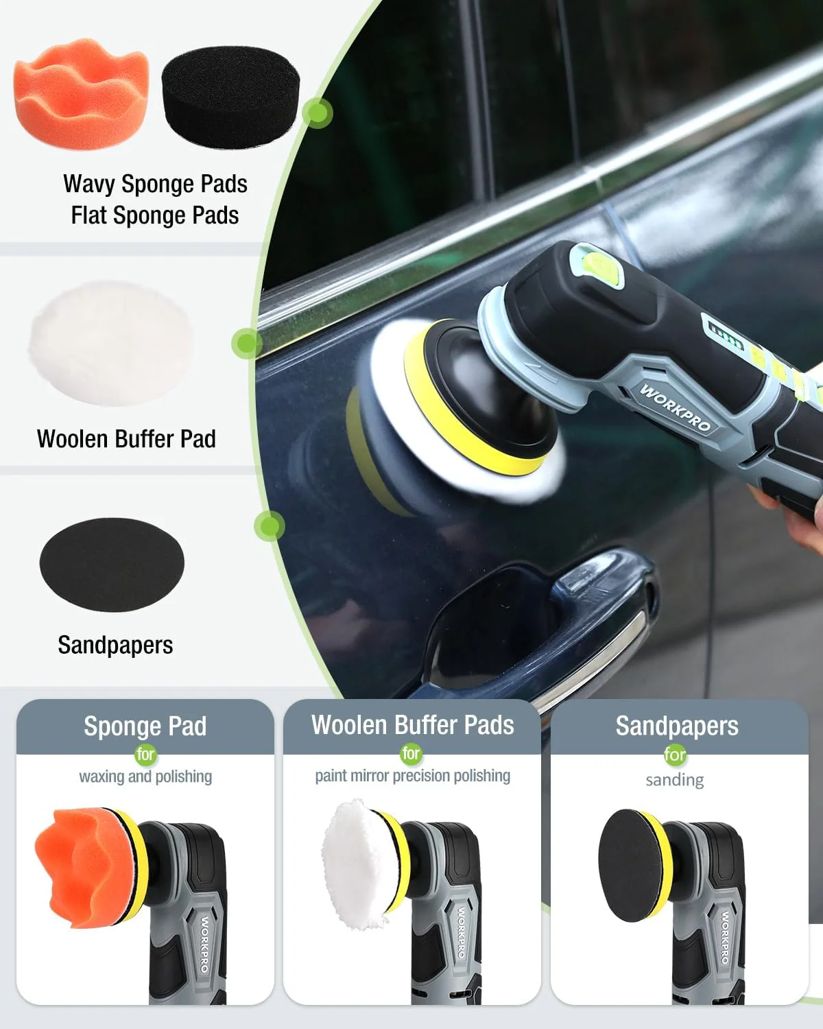 WORKPRO Cordless Mini Buffer Polisher, 12V Buffer Polisher for Car Detailing, 5 Variable Speed Up to 3000RPM, Compact Cordless Polisher Kit for Waxing, DIY Projects, Furniture Polishing - Image 7