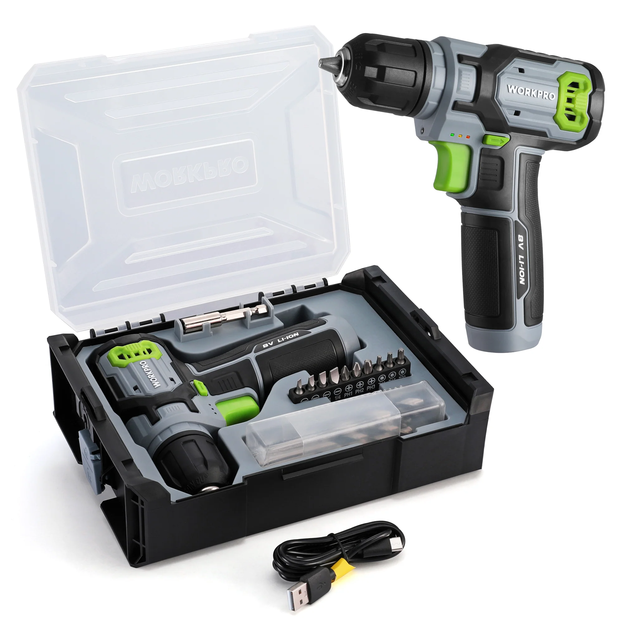 WORKPRO Cordless Power Drill Set with Stackable Tool Box, 8V Cordless Drill Driver and Bit Set, 2.0Ah Electric Cordless Screwdriver Kit with 3/8" Keyless Chuck, Portable Drill for Home Repair, DIY - Image 4