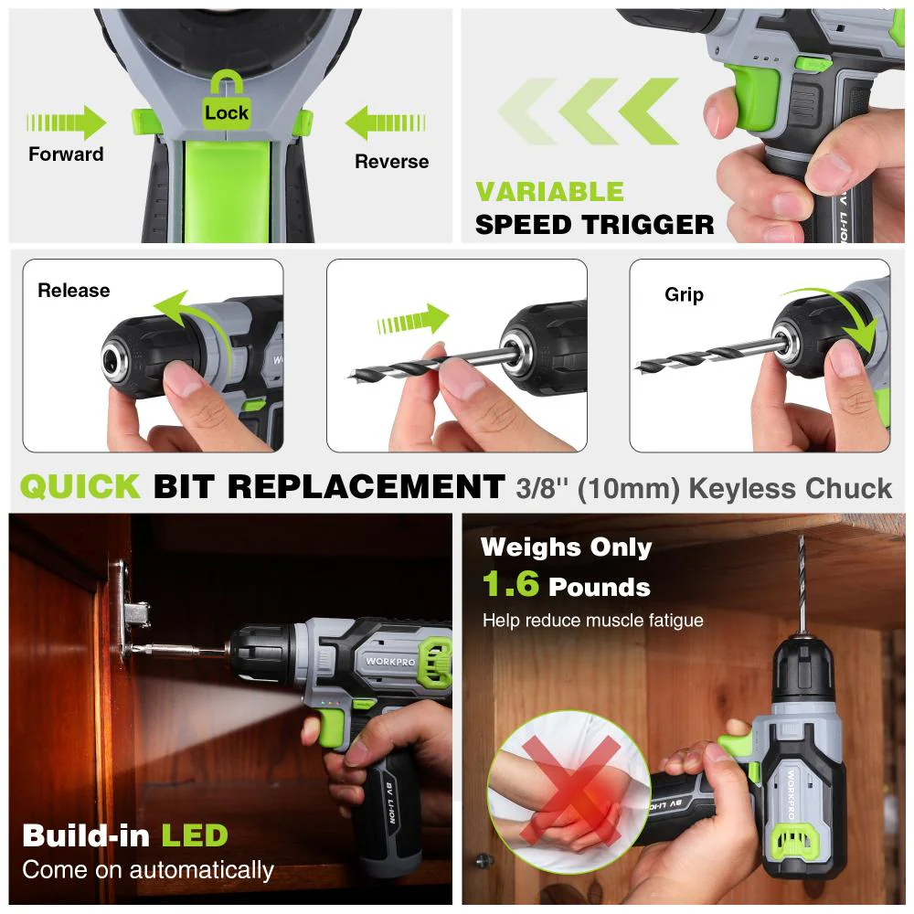 WORKPRO Cordless Power Drill Set with Stackable Tool Box, 8V Cordless Drill Driver and Bit Set, 2.0Ah Electric Cordless Screwdriver Kit with 3/8" Keyless Chuck, Portable Drill for Home Repair, DIY - Image 6