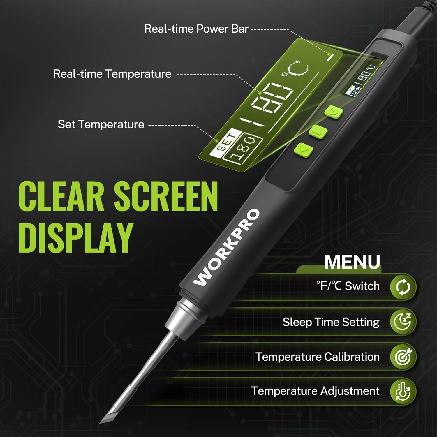 WORKPRO DC Soldering Iron Kit, Fast Heating Soldering Iron Pen with 3 Tips, Portable Lightweight Solder Iron for Electronics, Metal, DIY, Accurate Temp Control, OLED Screen Display, PD/QC Protocols - Image 5