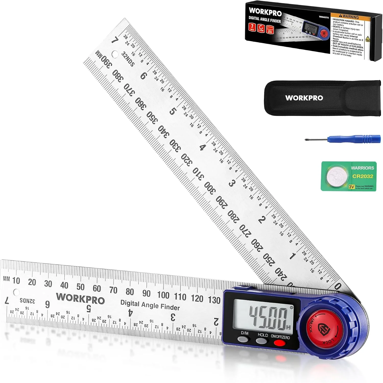 WORKPRO Digital Angle Finder, 7-Inch / 200 mm Stainless Steel Angle Finder Tool with Lock & Hold Function, Precision Measuring Tool with Bag for Woodworking, Carpentry, Construction Projects