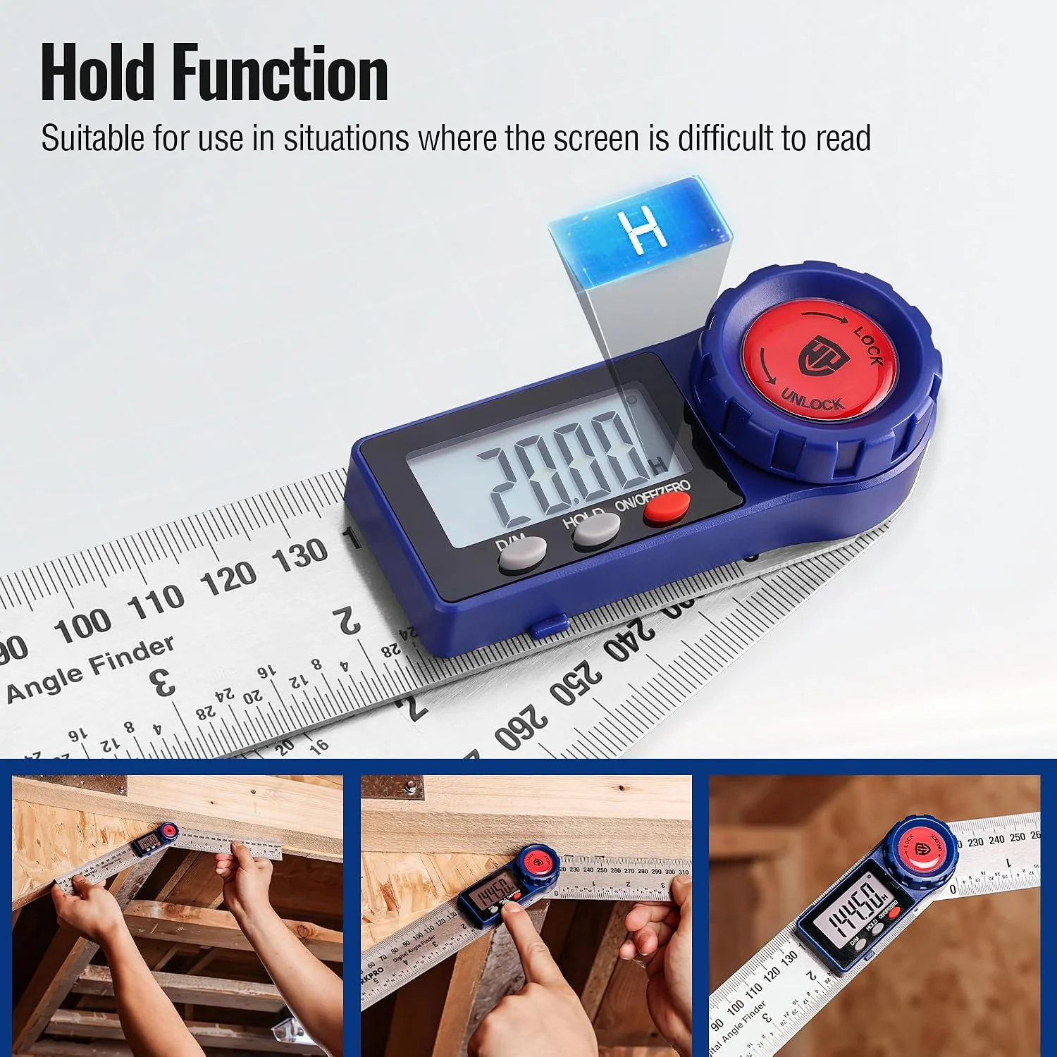 WORKPRO Digital Angle Finder, 7-Inch / 200 mm Stainless Steel Angle Finder Tool with Lock & Hold Function, Precision Measuring Tool with Bag for Woodworking, Carpentry, Construction Projects - Image 2