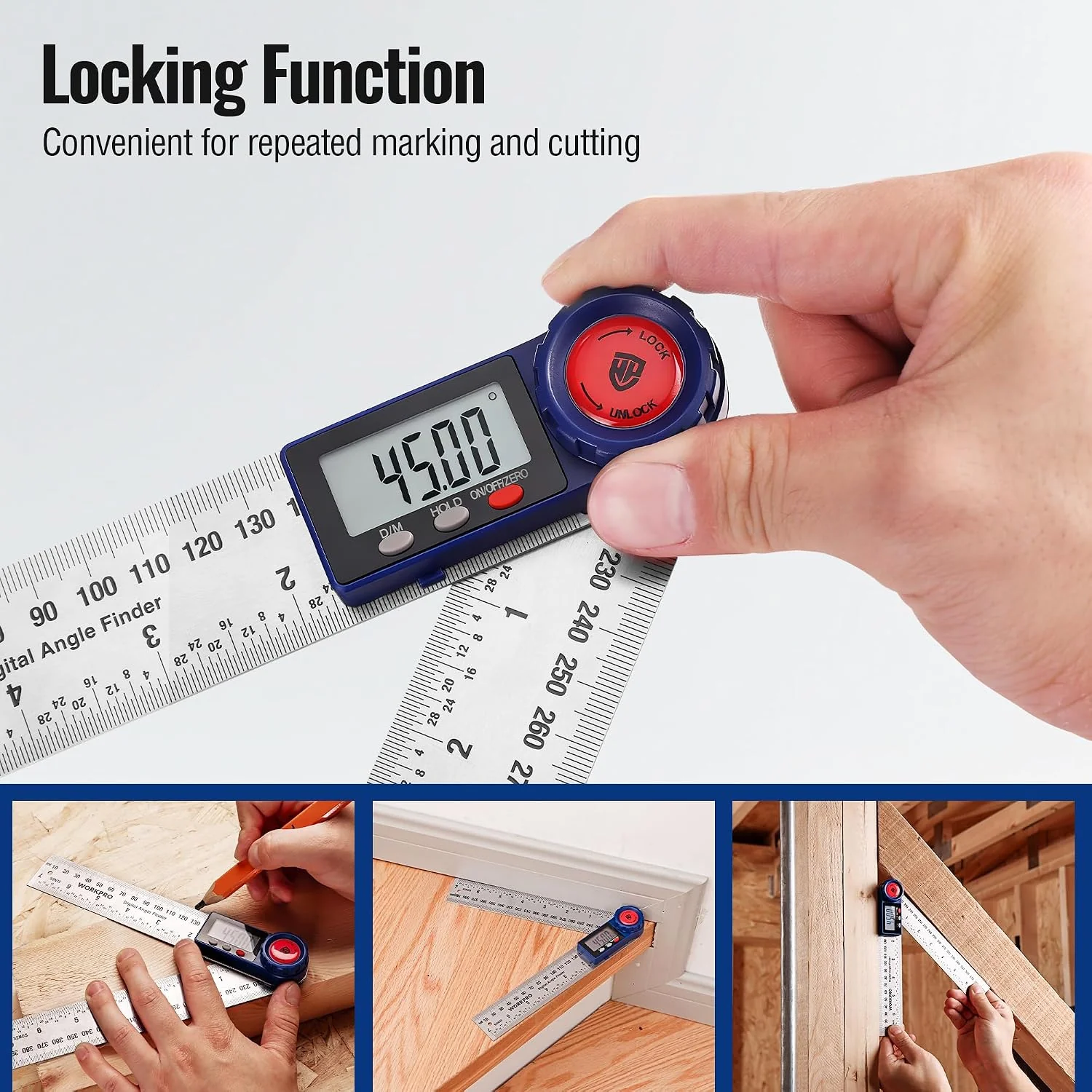 WORKPRO Digital Angle Finder, 7-Inch / 200 mm Stainless Steel Angle Finder Tool with Lock & Hold Function, Precision Measuring Tool with Bag for Woodworking, Carpentry, Construction Projects - Image 3