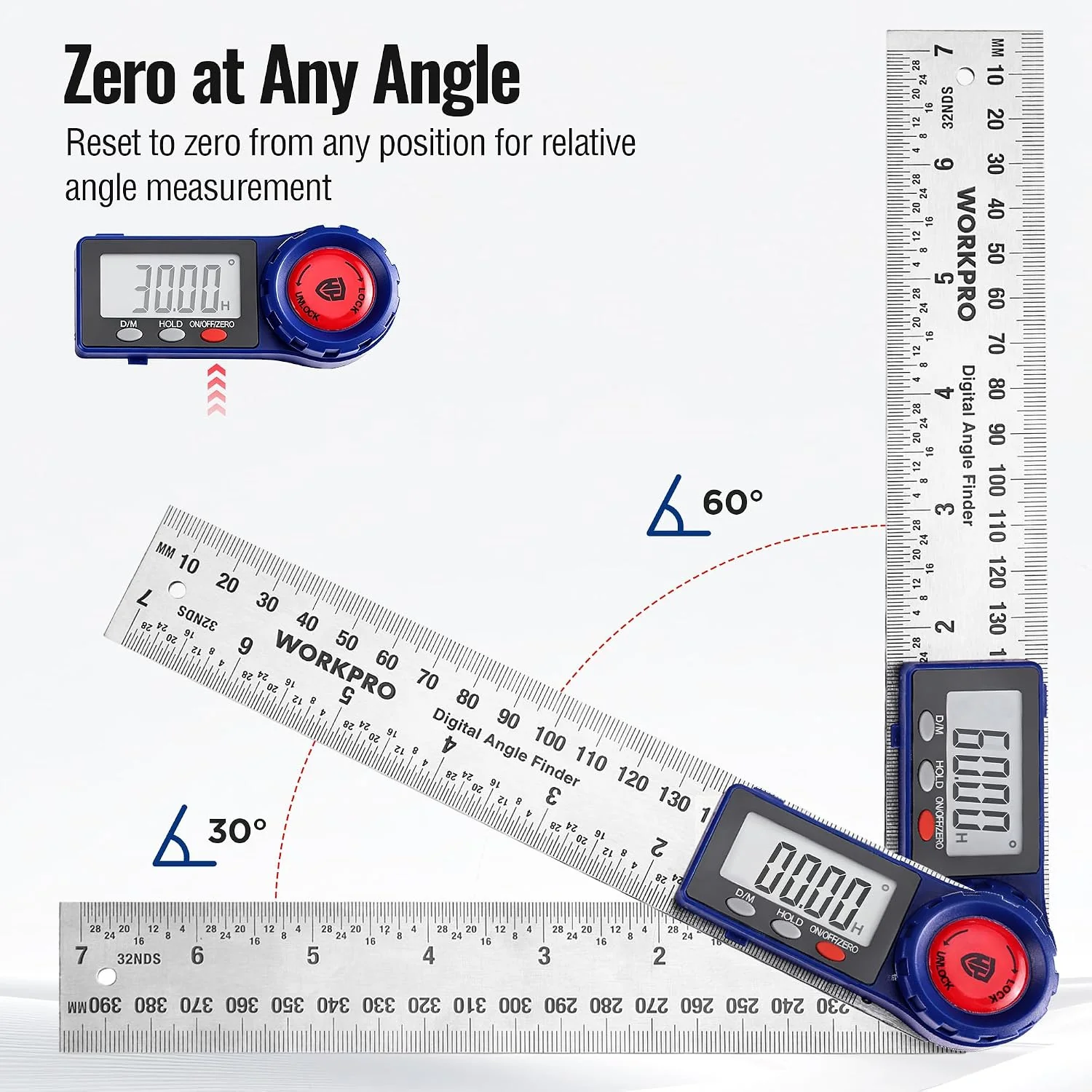 WORKPRO Digital Angle Finder, 7-Inch / 200 mm Stainless Steel Angle Finder Tool with Lock & Hold Function, Precision Measuring Tool with Bag for Woodworking, Carpentry, Construction Projects - Image 5
