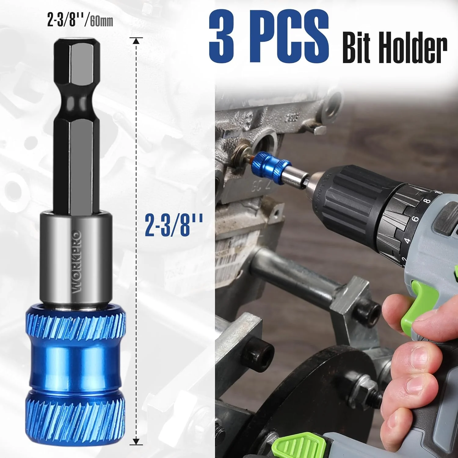 WORKPRO Drill Bit Extension Set, 3Pcs 2-3/8" Magnetic Impact Drill Screwdriver Bit Holder, 1/4 Inch Hex Quick Release Bit Holder for Drill - Image 2